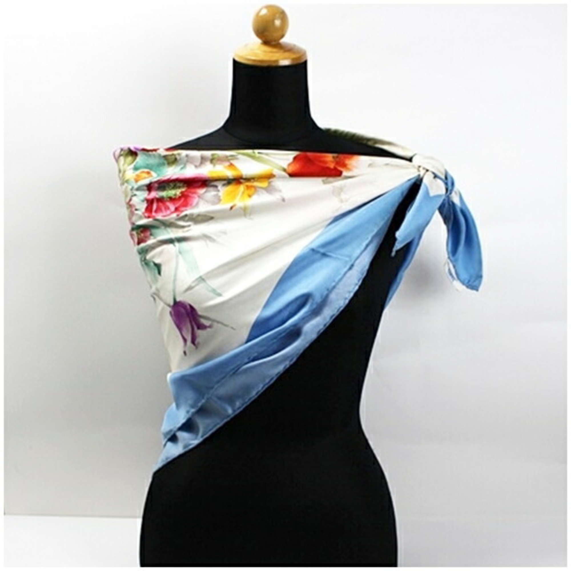 GUCCI Silk Scarf Light Blue Floral Pattern Women's