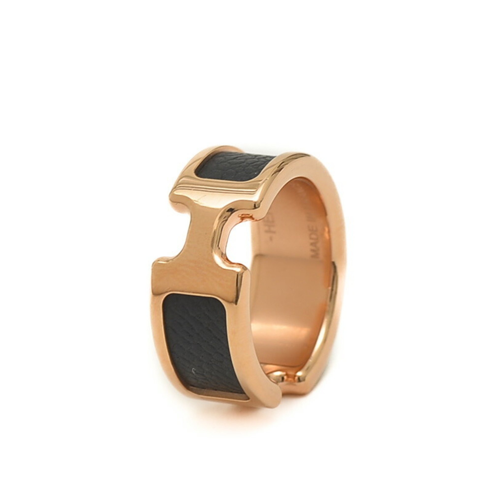 Hermes Olympe Ring Metal Leather Rose Gold Black Size M Approx.