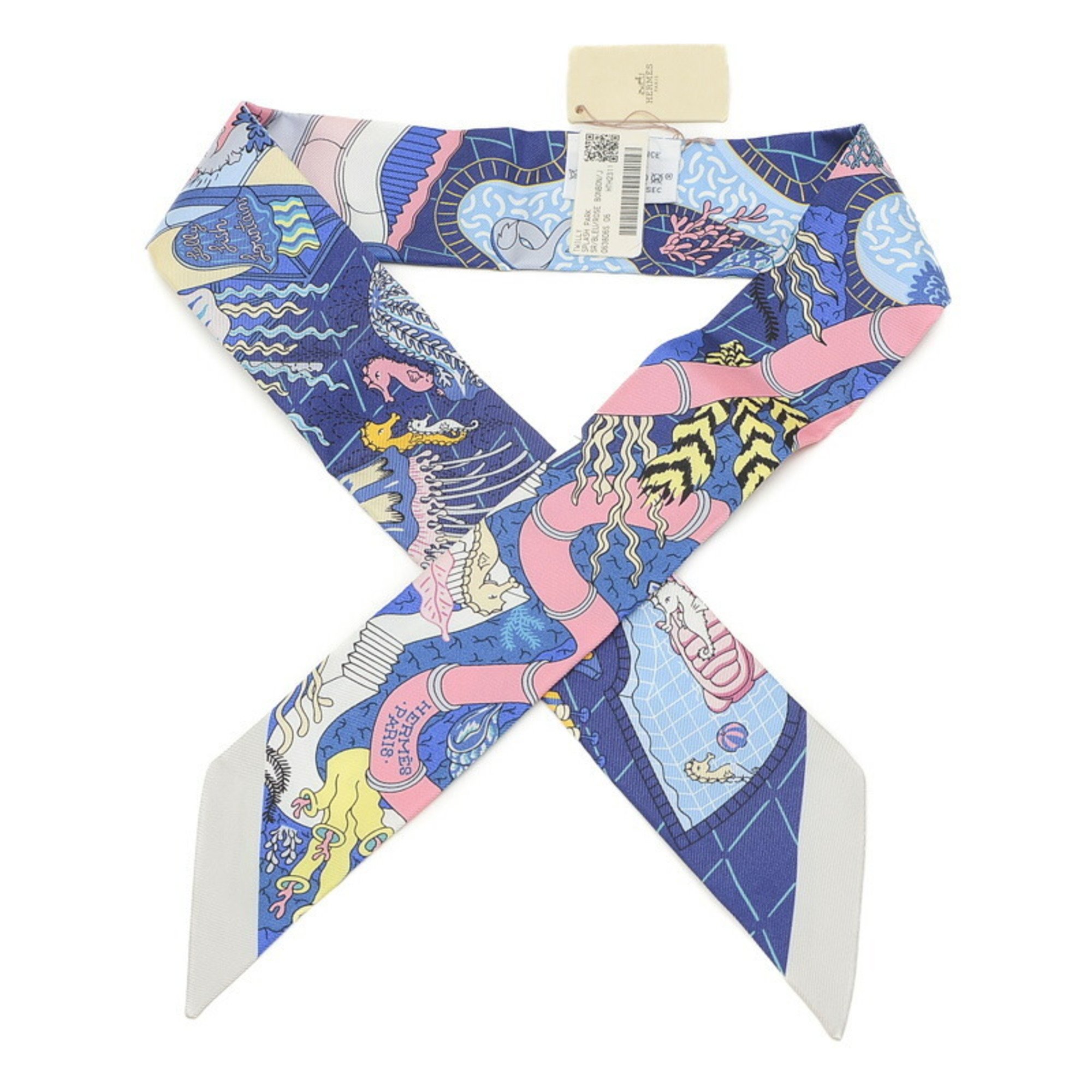 Hermes Twilly SPLASH PARK Splash Park Scarf Blue Rose Bonbon 100% Silk