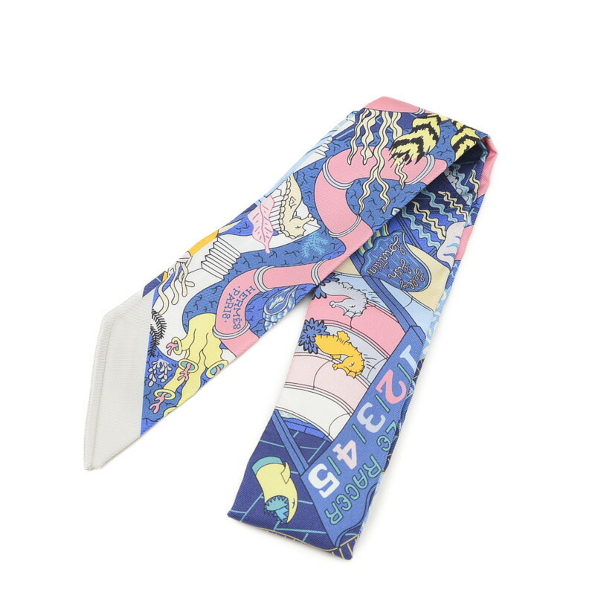 Hermes Twilly SPLASH PARK Splash Park Scarf Blue Rose Bonbon 100% Silk