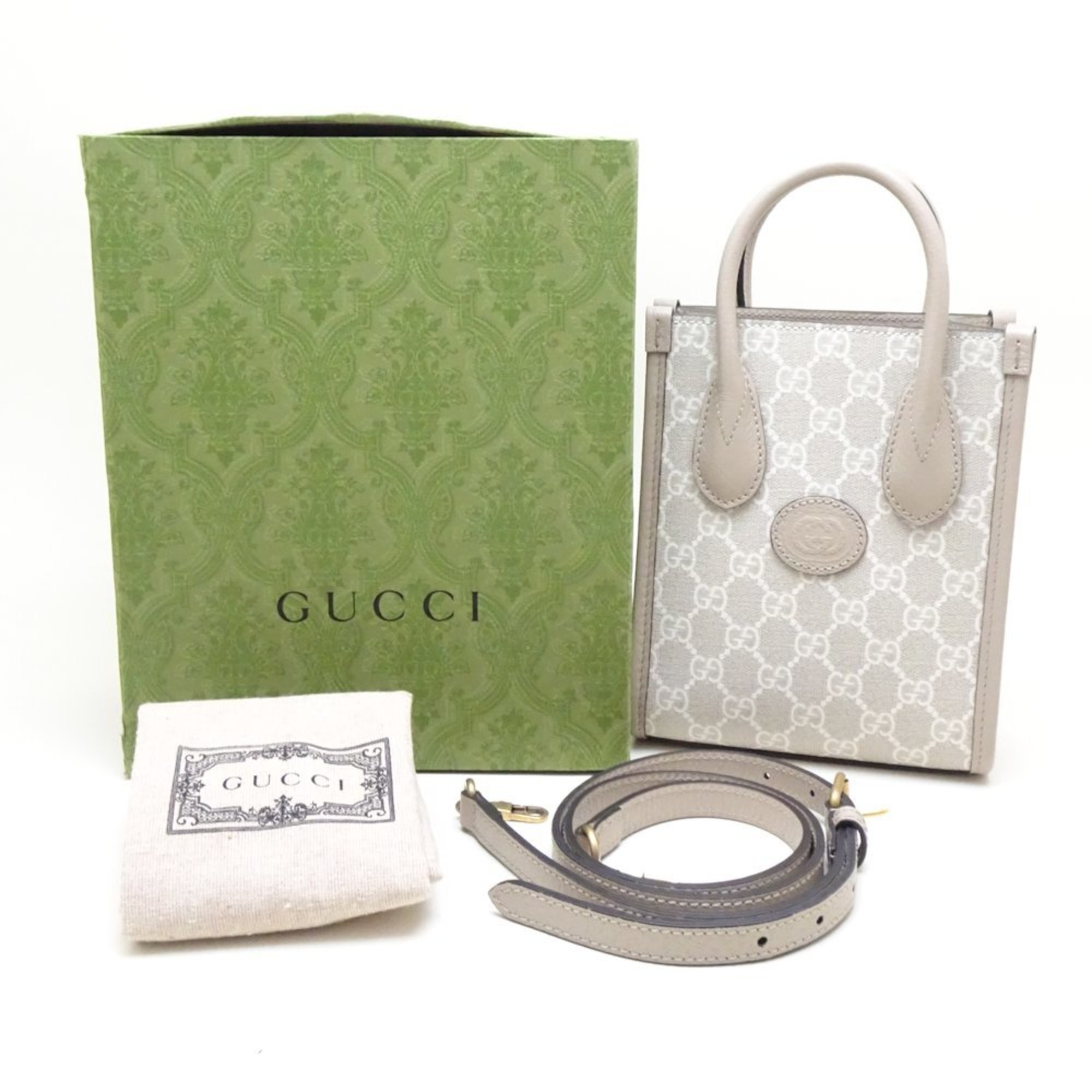 GUCCI 671623 2Way Bag Tote Leather GG Supreme Canvas Beige 351484 ☆