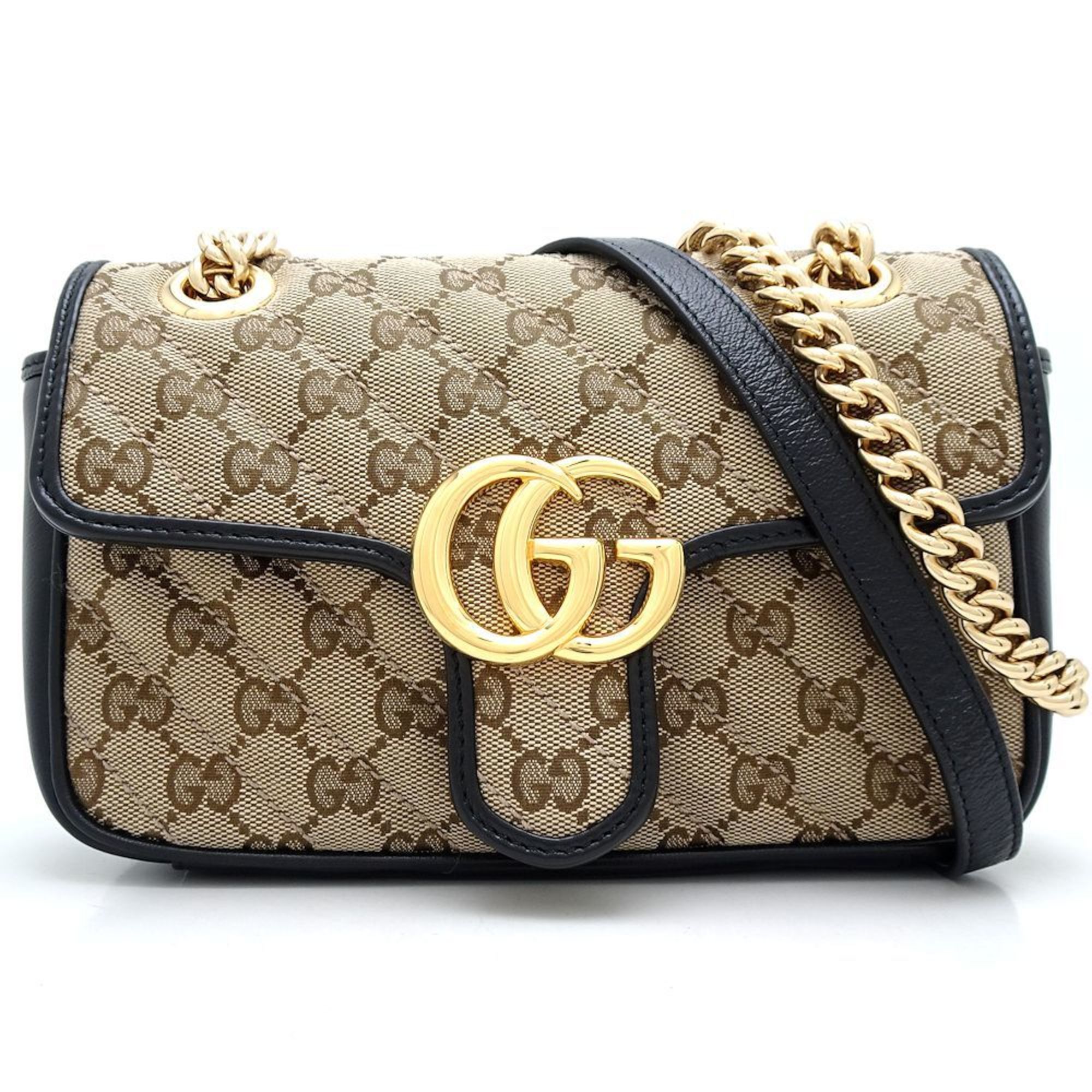 GUCCI Quilted Bag 446744 Shoulder GG Marmont Canvas x Leather Beige Black 351450