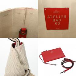 VALENTINO Atelier Tote Plisse Edition Natural/Red Women's Leather Canvas Shoulder Bag