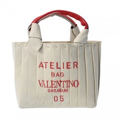 VALENTINO Atelier Tote Plisse Edition Natural/Red Women's Leather Canvas Shoulder Bag