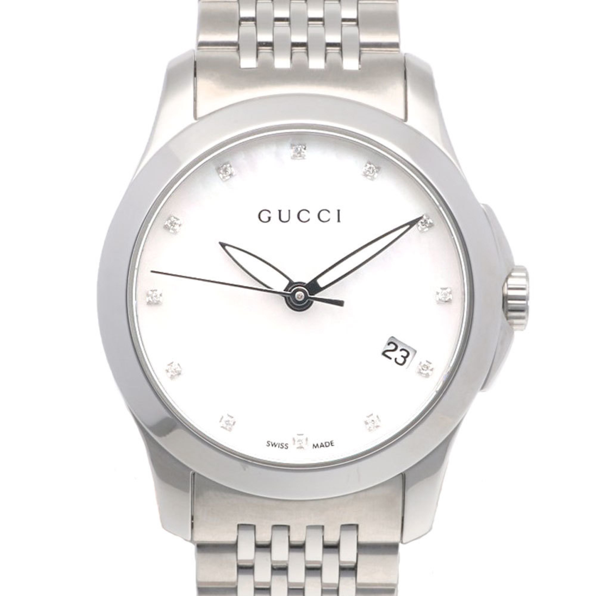 Gucci G Timeless Watch Stainless Steel 126.5 Quartz Ladies GUCCI White Shell 12P Diamond Overhauled