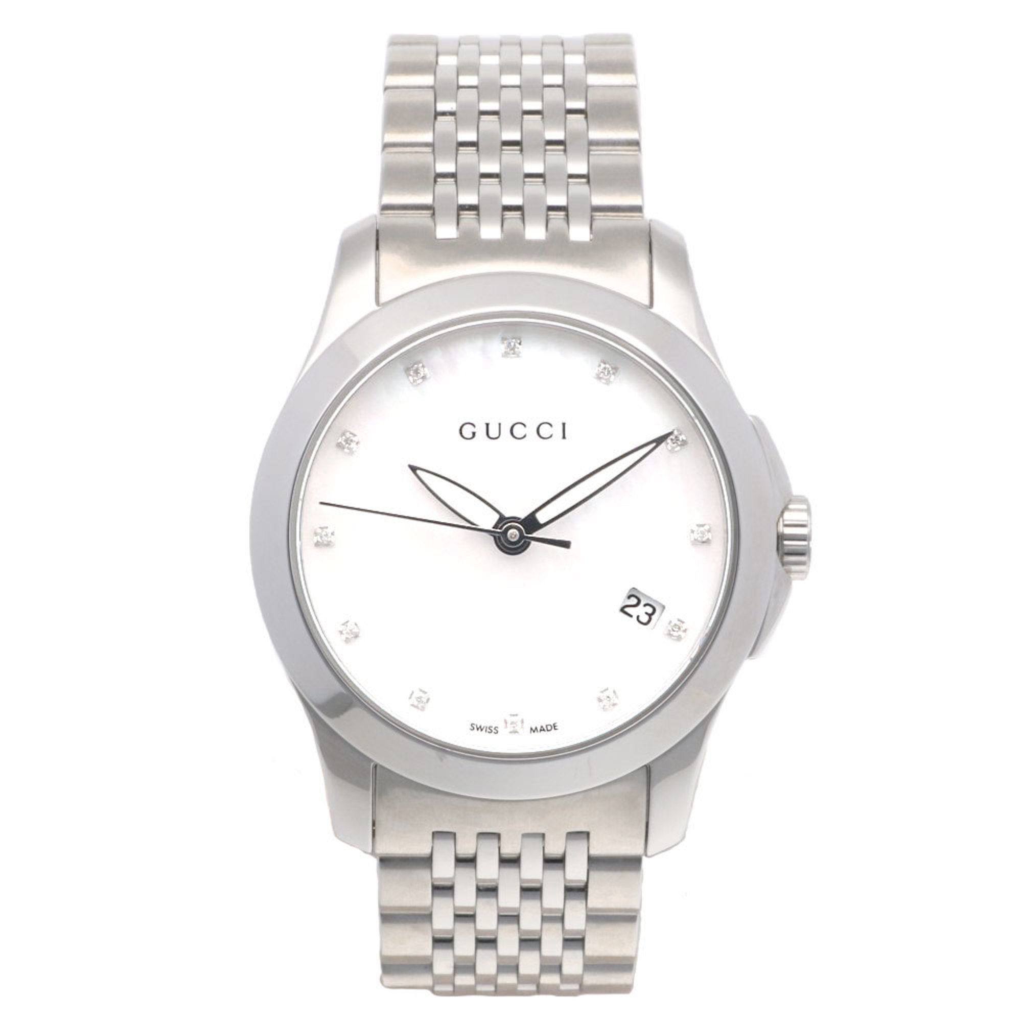 Gucci G Timeless Watch Stainless Steel 126.5 Quartz Ladies GUCCI White Shell 12P Diamond Overhauled