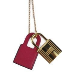 HERMES O'Kelly PM Necklace Metal Swift Leather Pink Gold Padlock Motif Pendant D Engraved