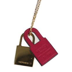 HERMES O'Kelly PM Necklace Metal Swift Leather Pink Gold Padlock Motif Pendant D Engraved