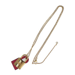 HERMES O'Kelly PM Necklace Metal Swift Leather Pink Gold Padlock Motif Pendant D Engraved