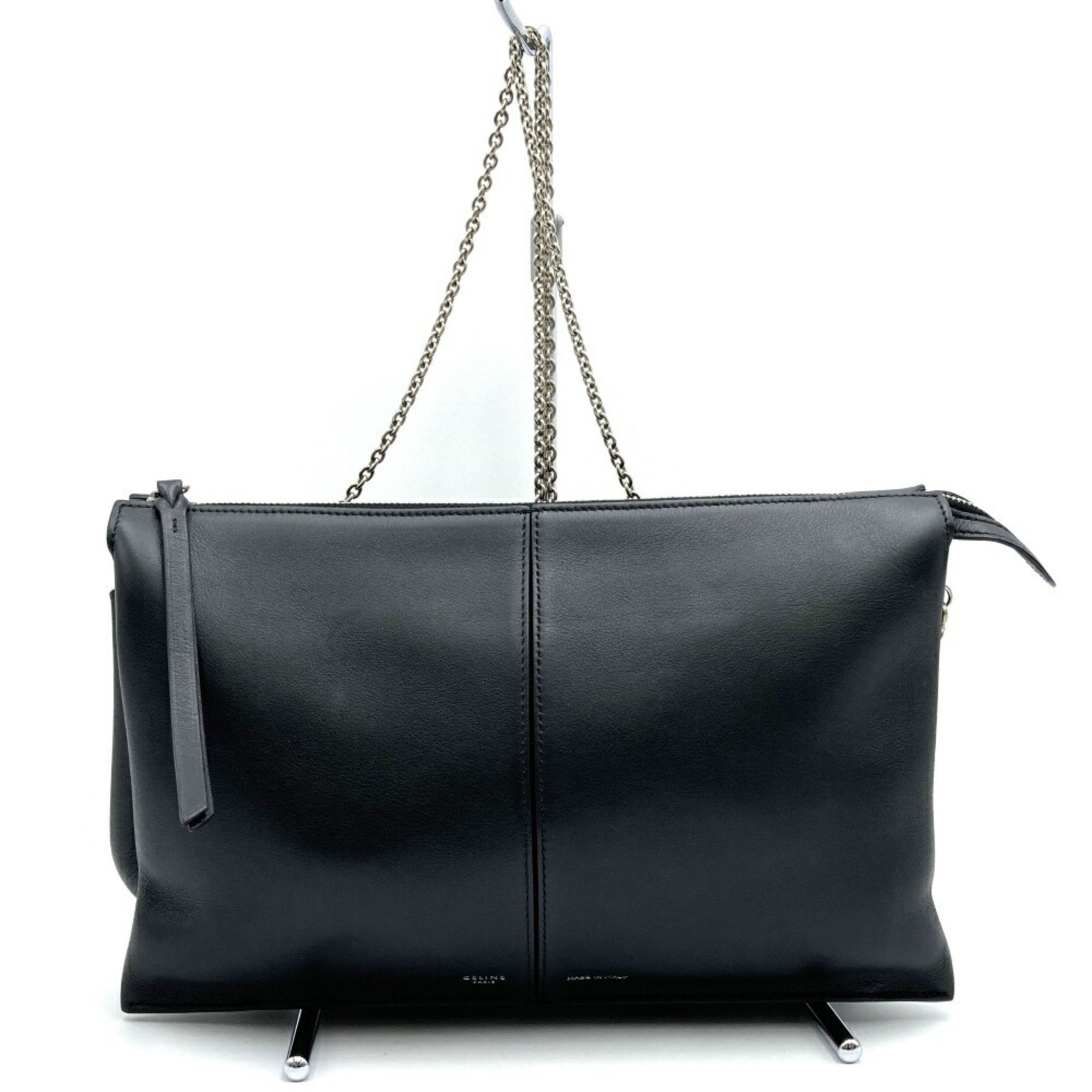 CELINE Chain Shoulder Bag Clutch 2way Black Leather Women's