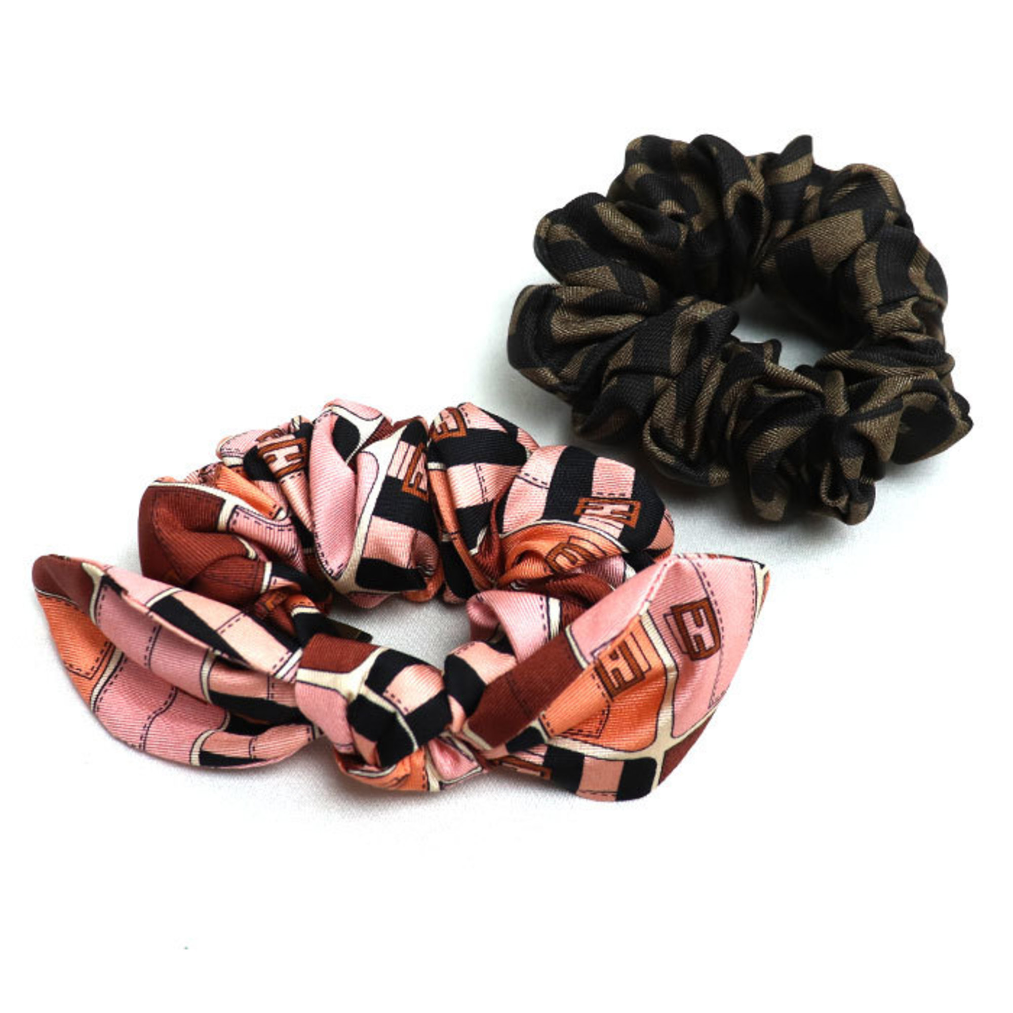 FENDI Silk Zucca Ribbon Motif Hair Scrunchie FXT268 Tie 2-Piece Set for Women