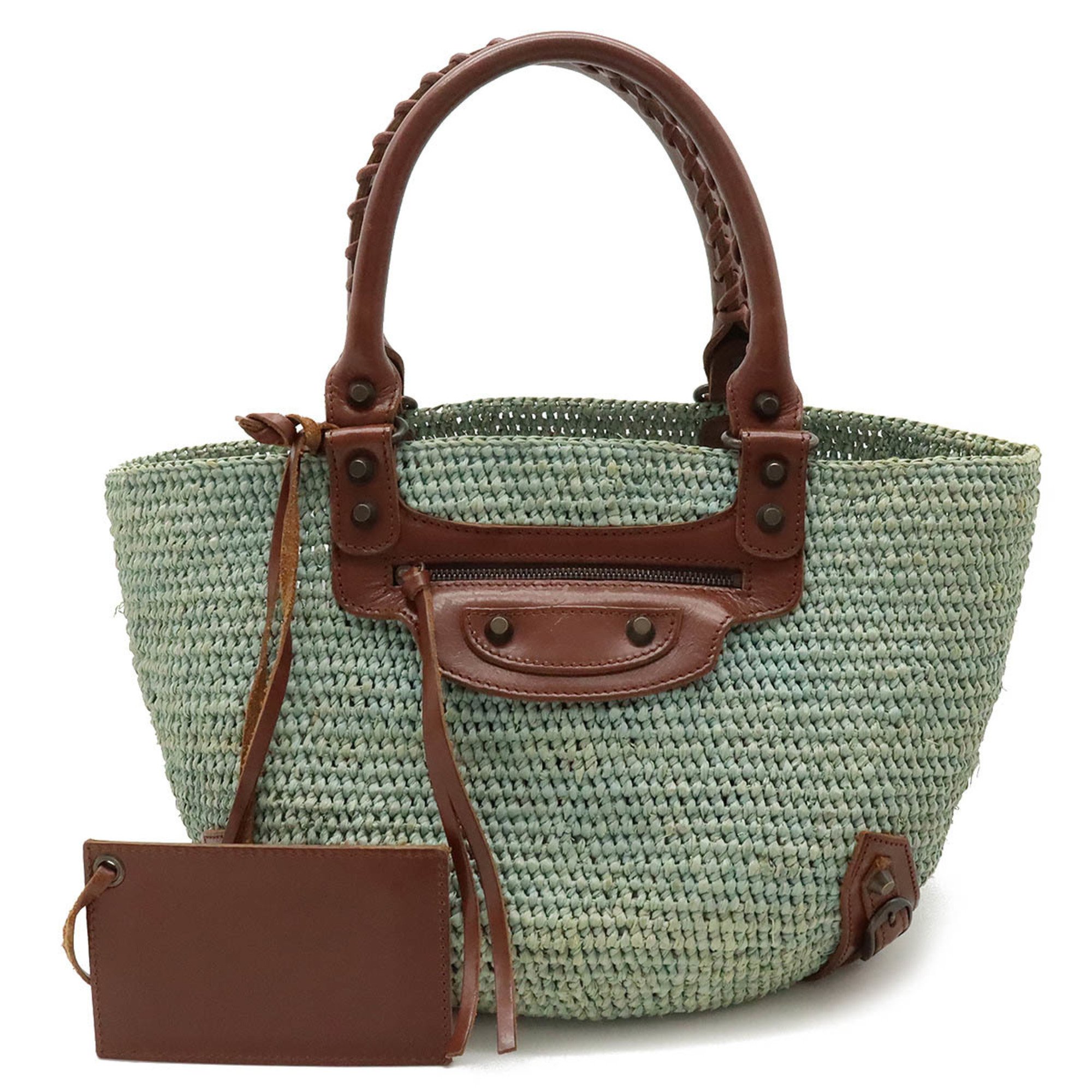 BALENCIAGA Balenciaga Basket Bag Tote Handbag Straw Raffia Mint Blue Brown 236741