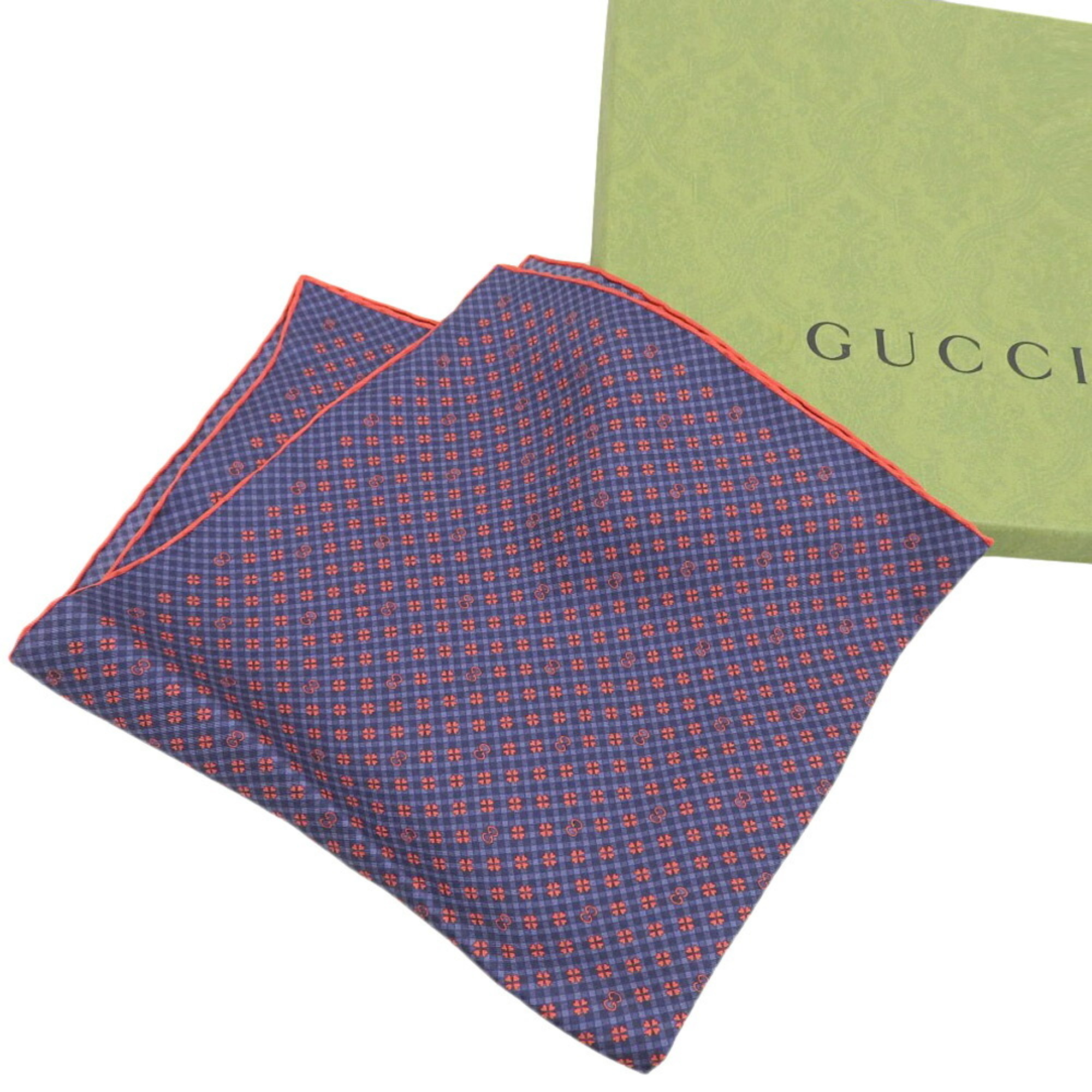 GUCCI Interlocking G Clover Motif Handkerchief 604097 4GA57 Silk Navy x Red