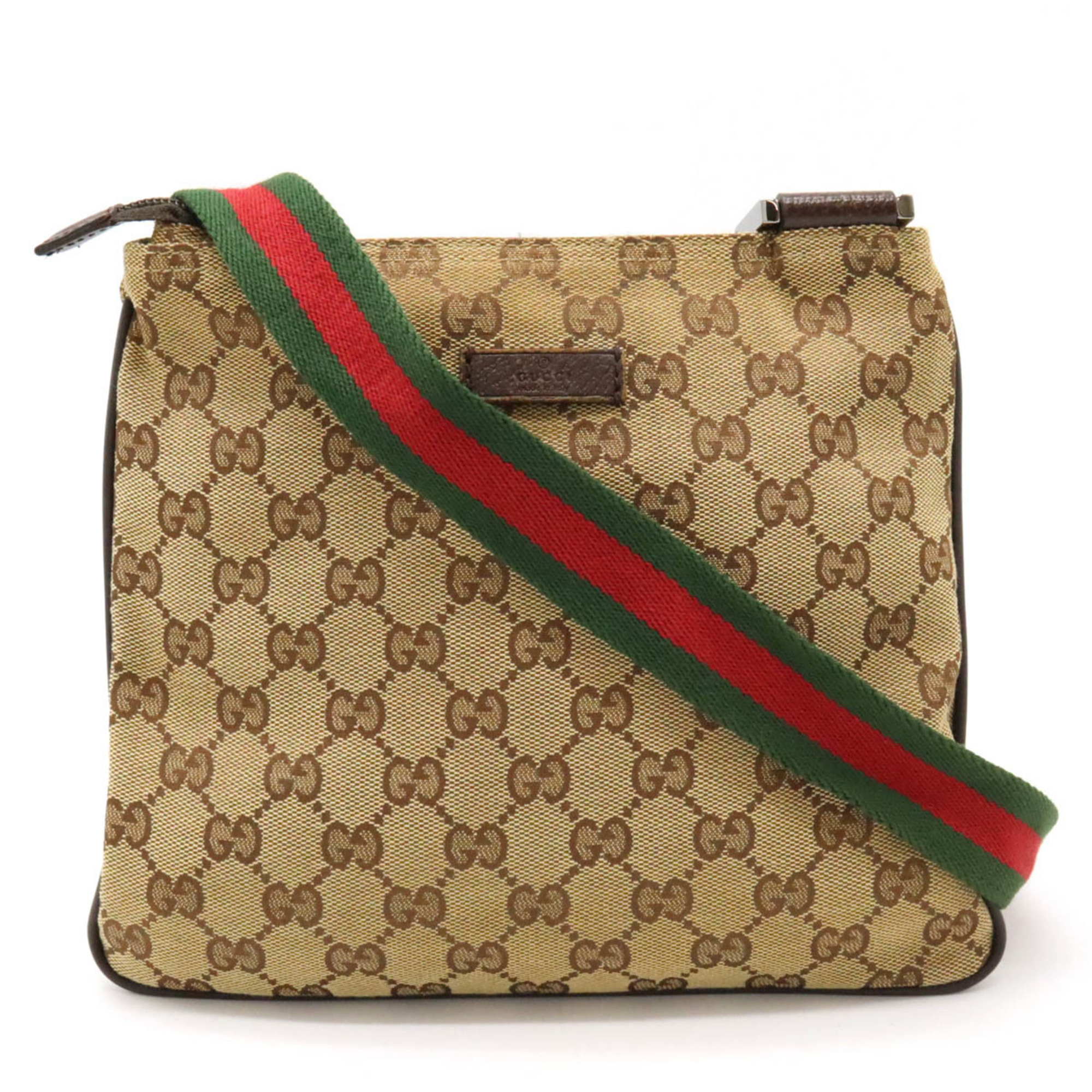 GUCCI Gucci GG Canvas Sherry Line Web Shoulder Bag Pochette Khaki Beige Dark Brown 146309