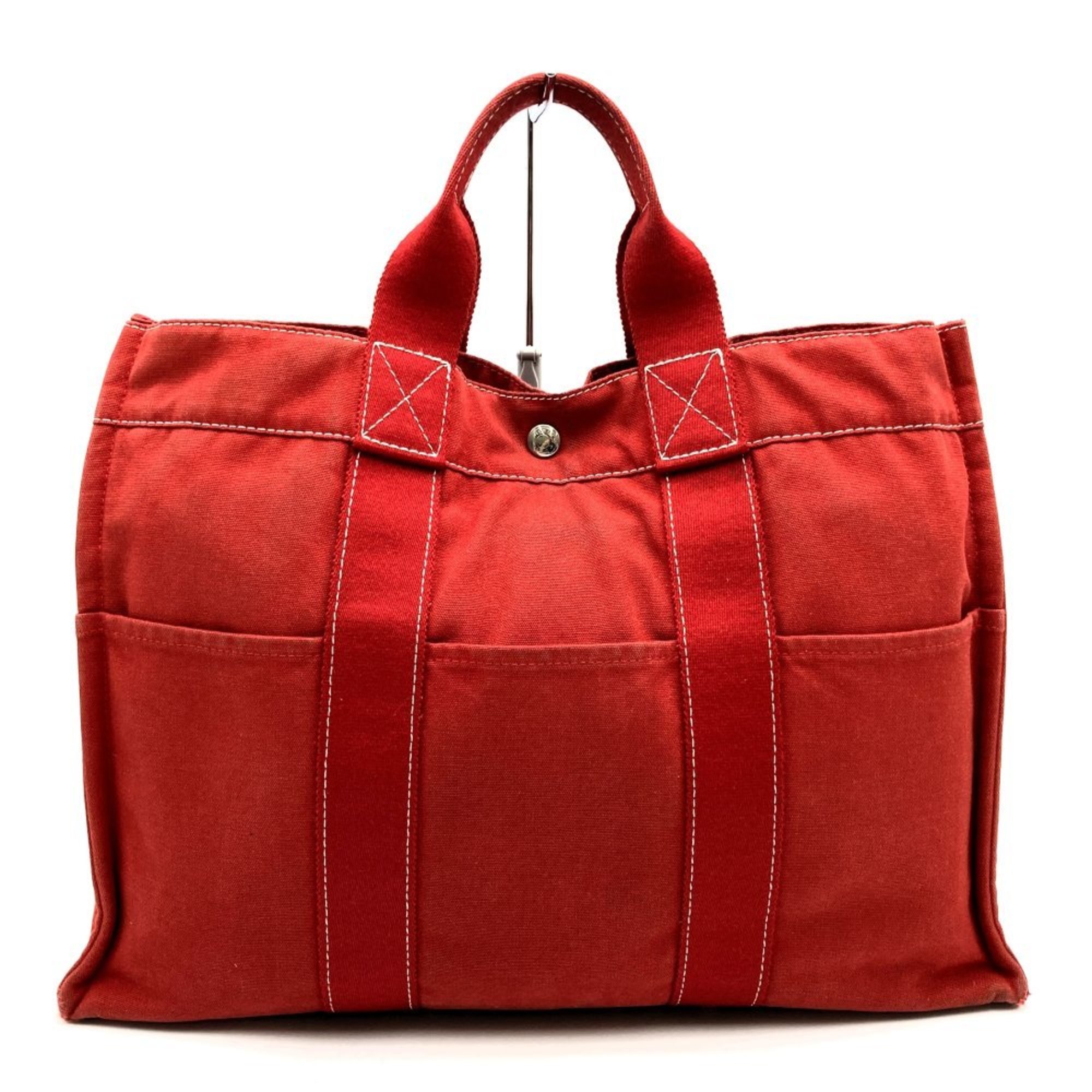 HERMES Hermes Foul Tote MM Handbag Bag Red Cotton Canvas Women's