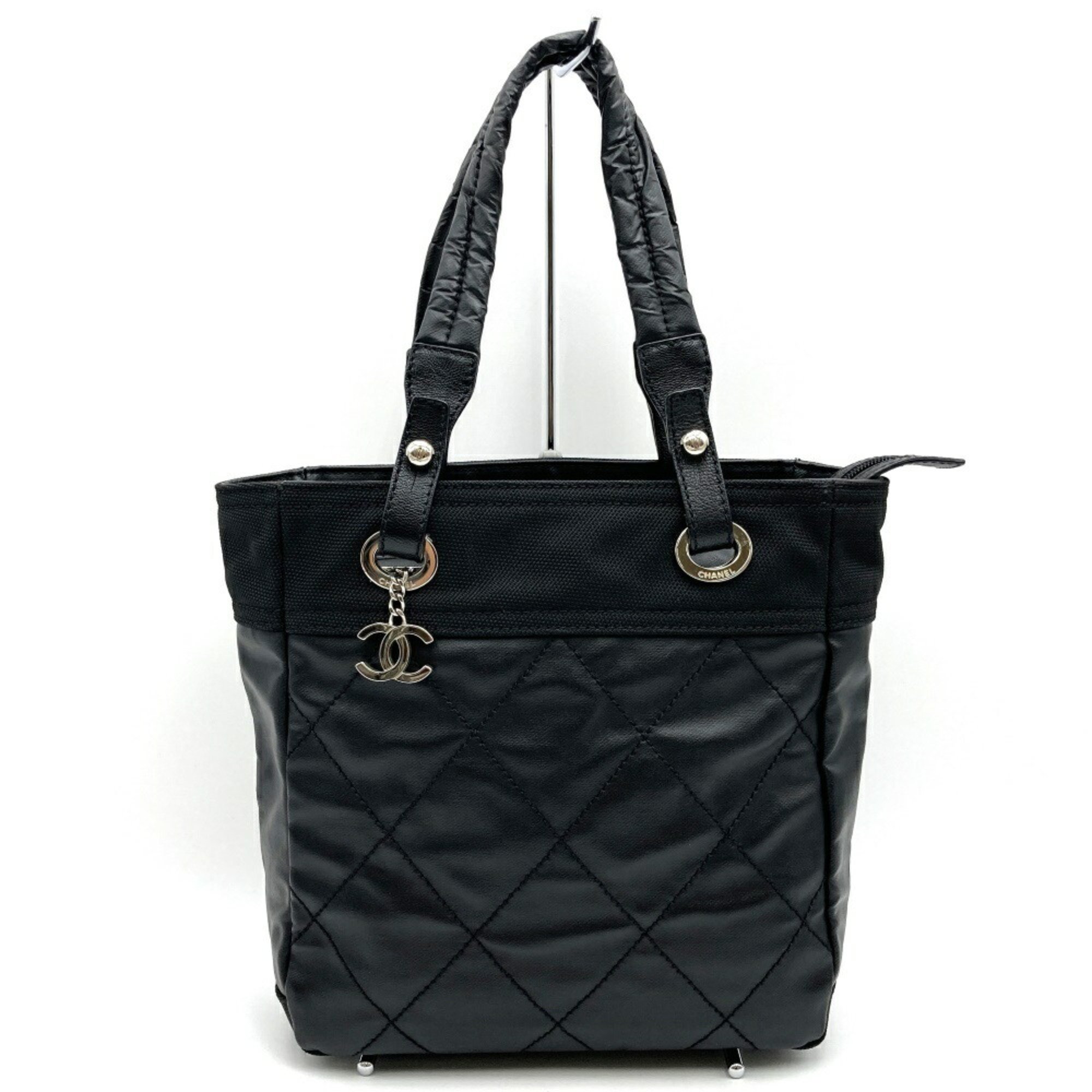 CHANEL Paris Biarritz Tote PM Bag Handbag Black Canvas Women's Coco Mark