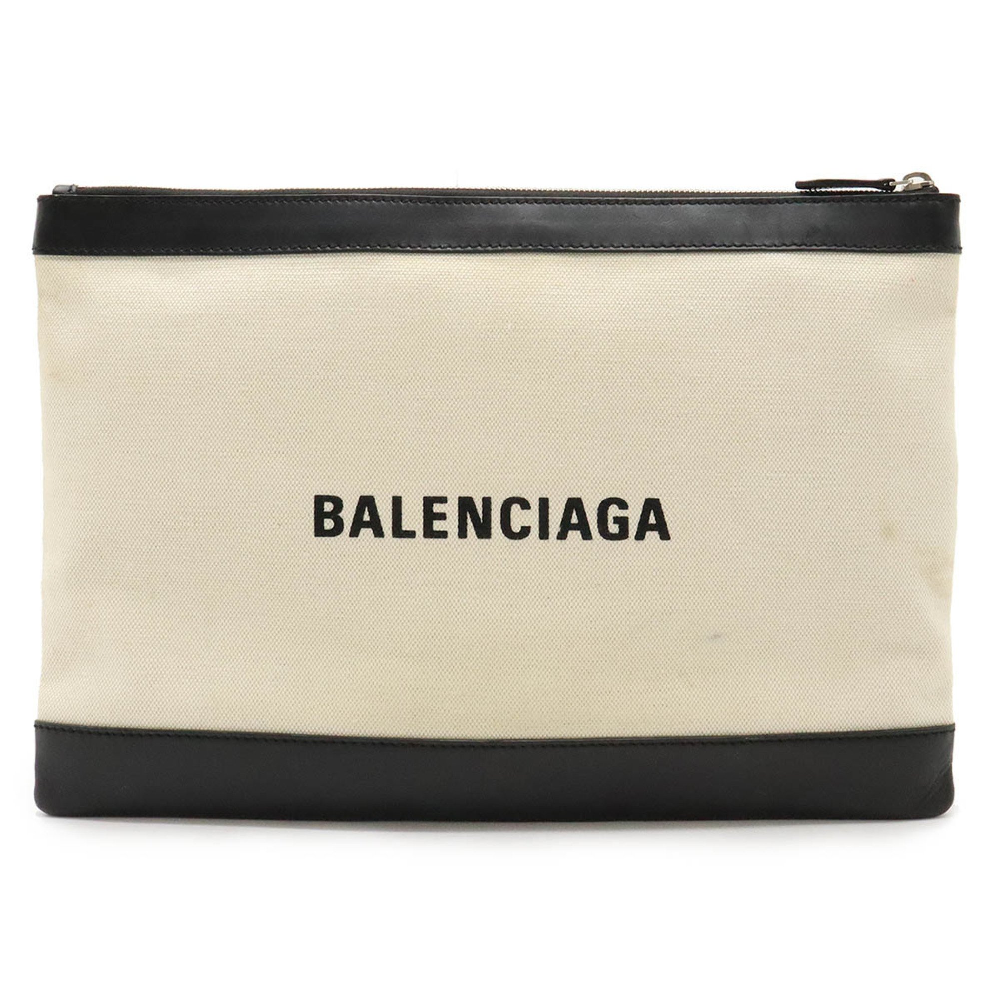 BALENCIAGA NAVY CLIP L Clutch Bag Canvas Leather Natural Black 373840