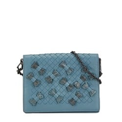 Bottega Veneta Intrecciato Ribbon Chain Shoulder Wallet Long Blue Leather Women's BOTTEGAVENETA