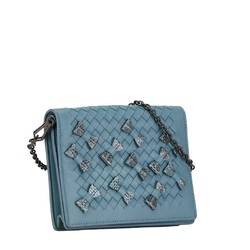 Bottega Veneta Intrecciato Ribbon Chain Shoulder Wallet Long Blue Leather Women's BOTTEGAVENETA