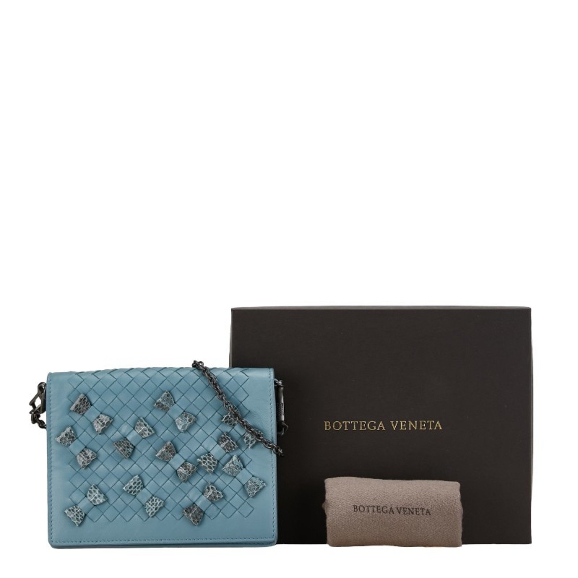 Bottega Veneta Intrecciato Ribbon Chain Shoulder Wallet Long Blue Leather Women's BOTTEGAVENETA