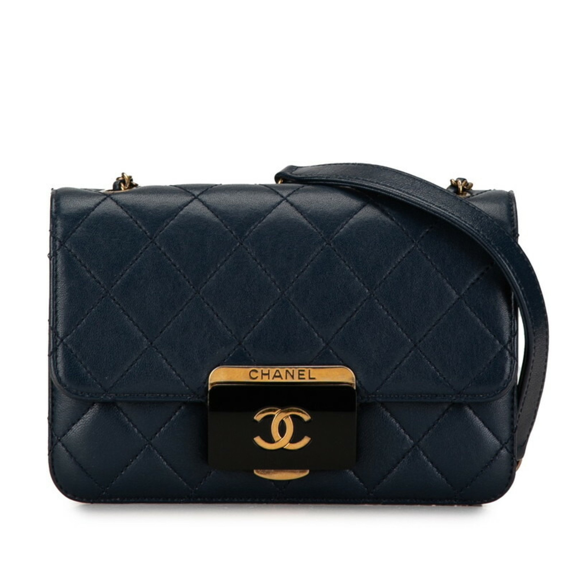 CHANEL Coco Mark Matelasse Shoulder Bag Navy Gold Lambskin Women's