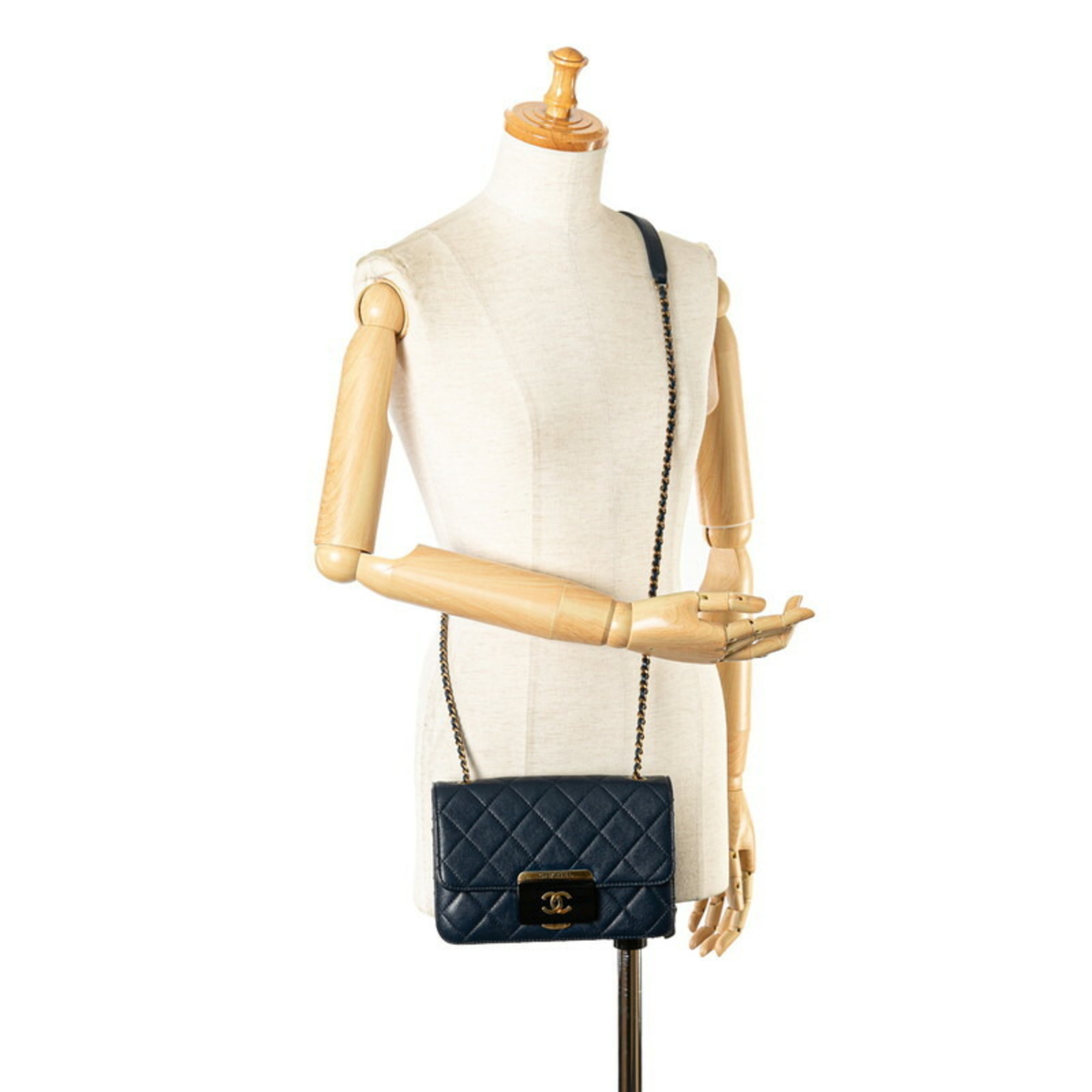 CHANEL Coco Mark Matelasse Shoulder Bag Navy Gold Lambskin Women's