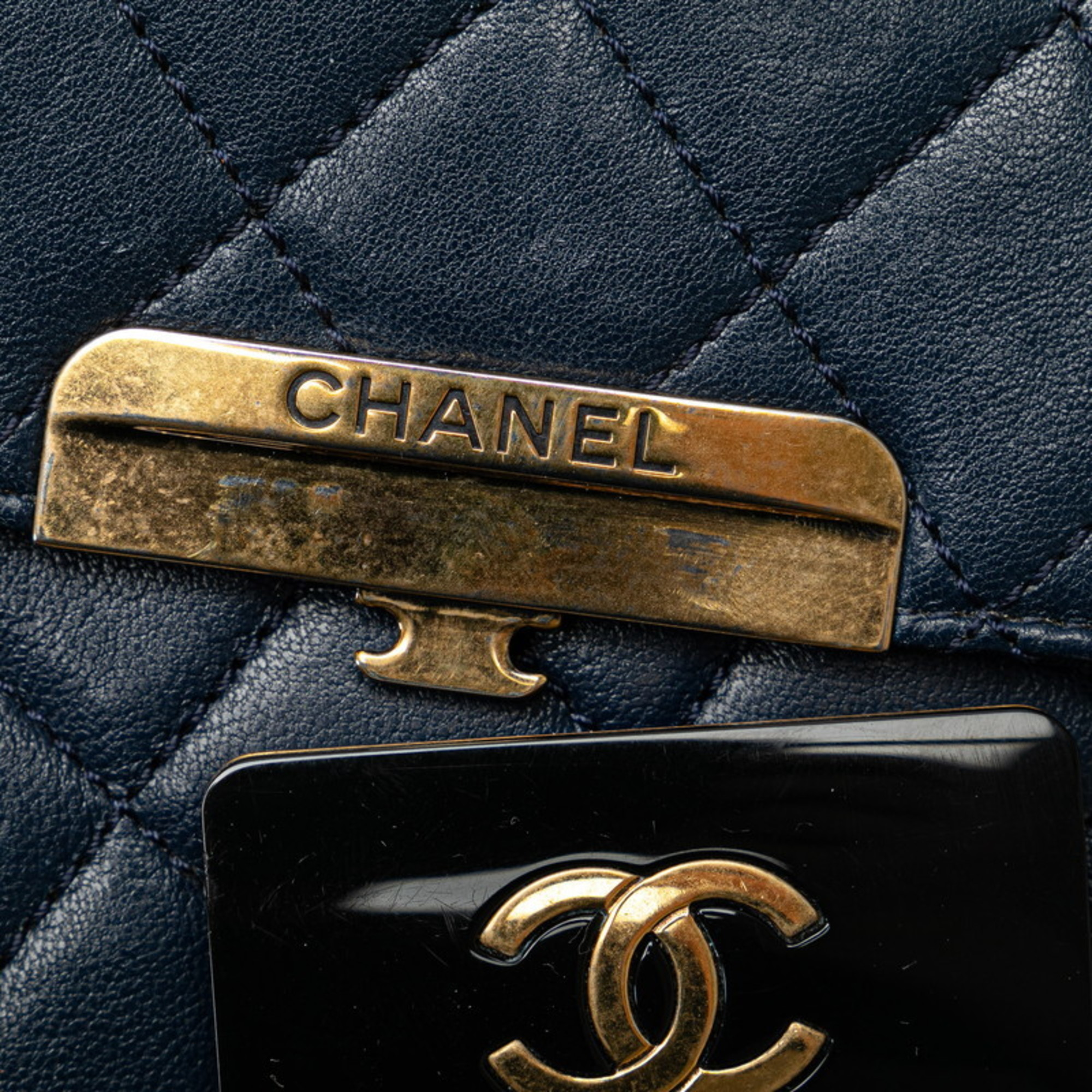 CHANEL Coco Mark Matelasse Shoulder Bag Navy Gold Lambskin Women's