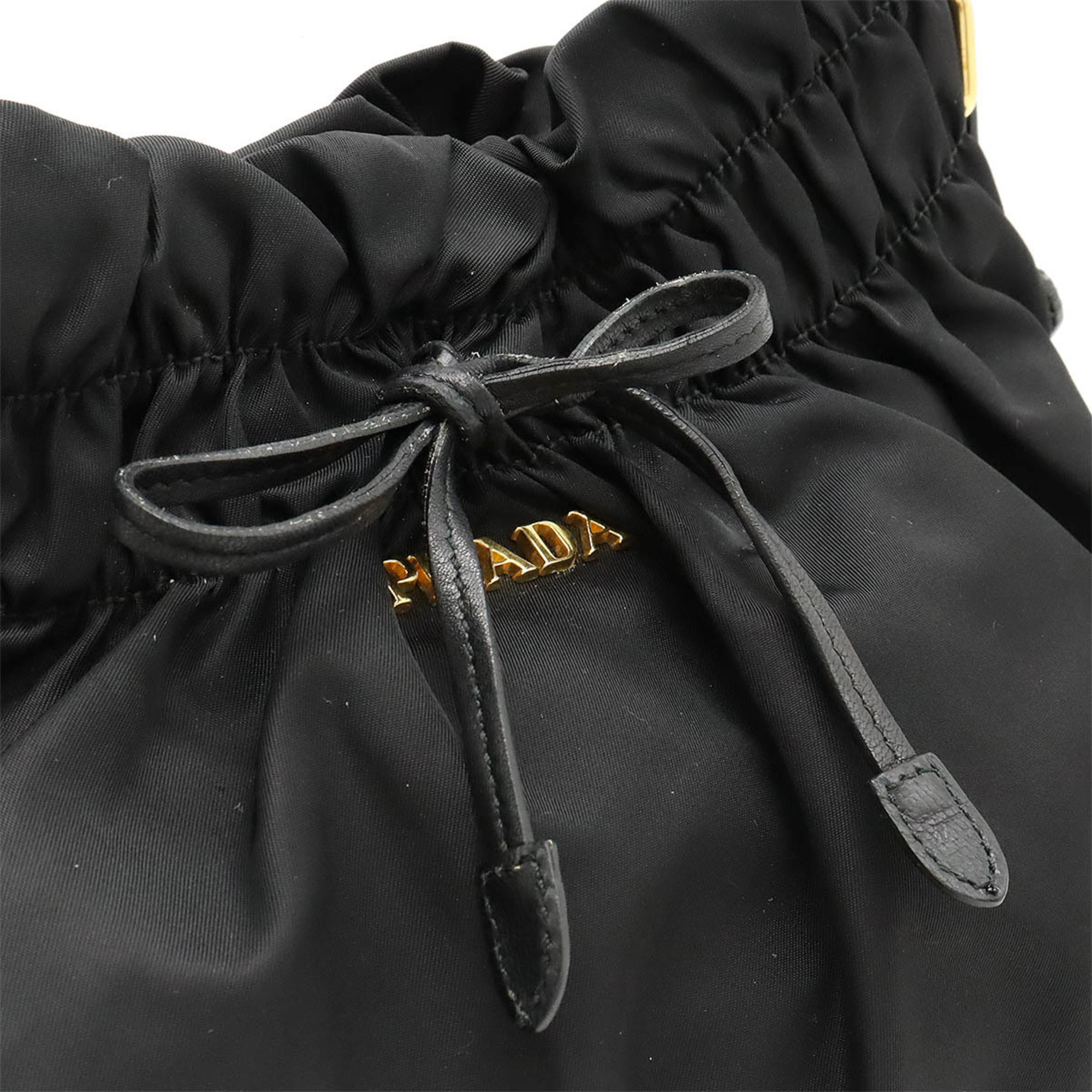 PRADA Gathered Ribbon Handbag Shoulder Bag Nylon Leather NERO Black BR4237