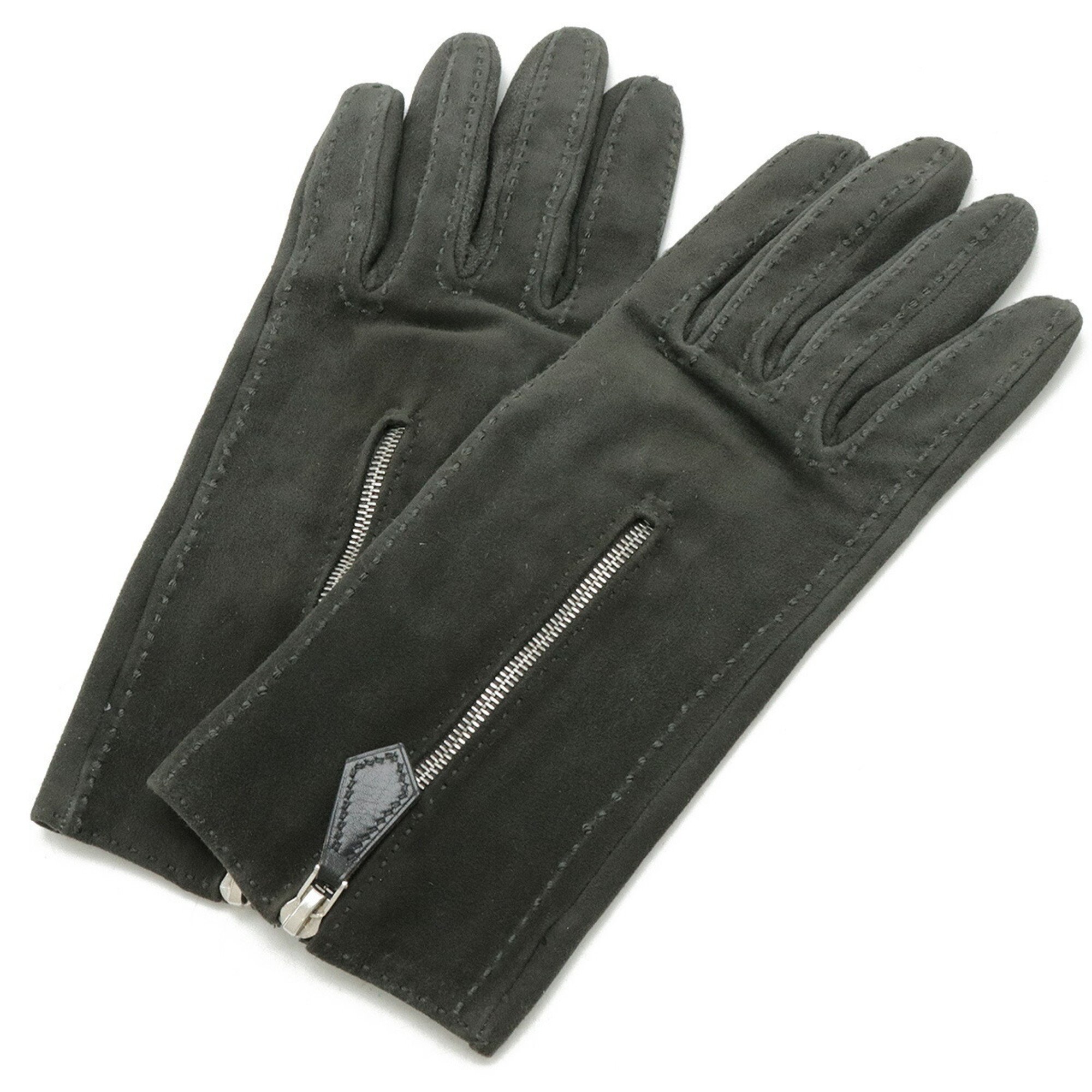 HERMES Gloves Zip Suede Dark Grey #7