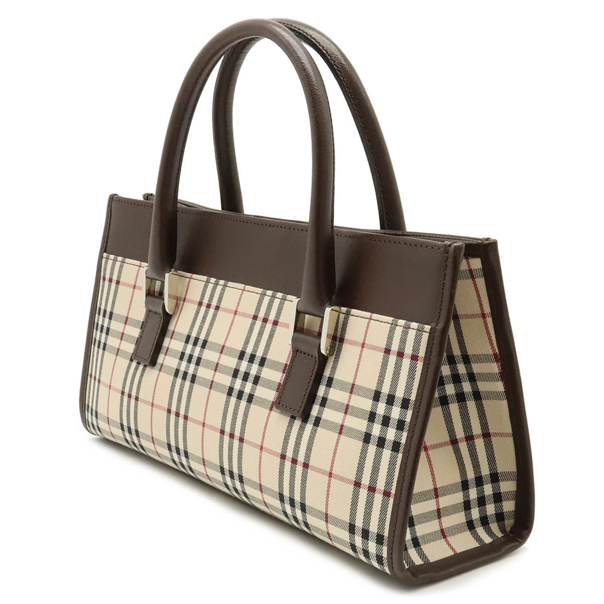 BURBERRY Nova Check Pattern Handbag Horizontal Canvas Leather Beige Dark Brown