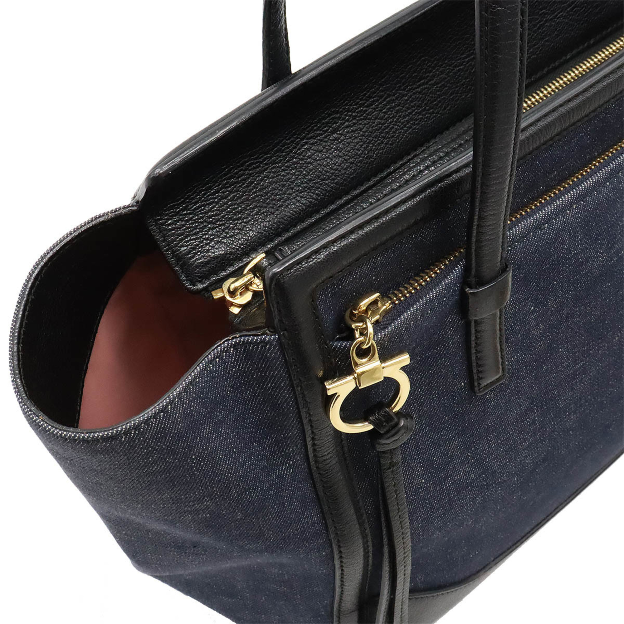 Salvatore Ferragamo Amy Tote Bag Shoulder Denim Leather Navy Black 21 F216