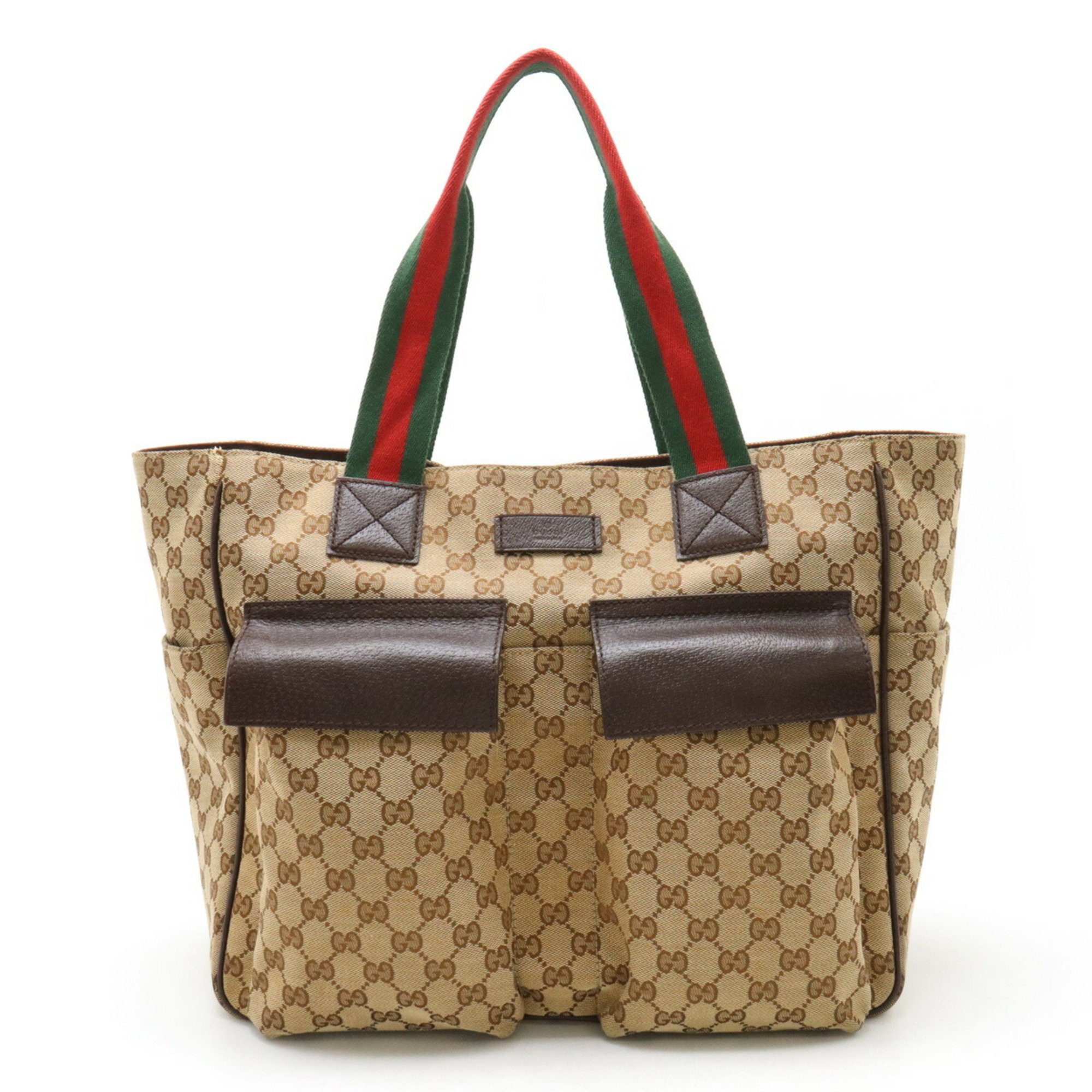 GUCCI Gucci GG Canvas Sherry Line Tote Bag Large Shoulder Leather Khaki Beige Dark Brown 161836