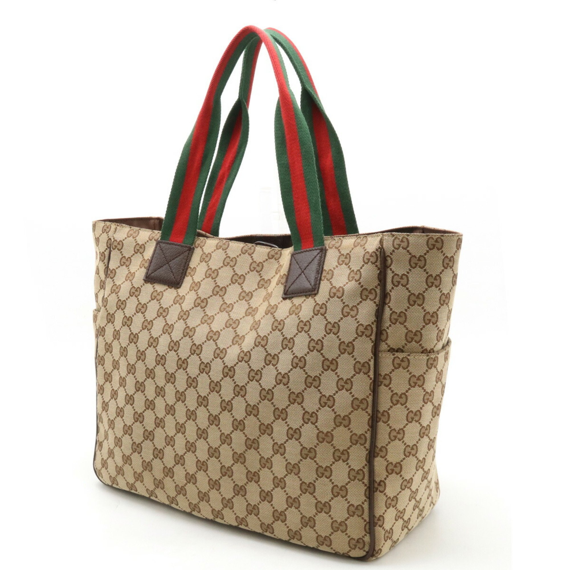 GUCCI Gucci GG Canvas Sherry Line Tote Bag Large Shoulder Leather Khaki Beige Dark Brown 161836