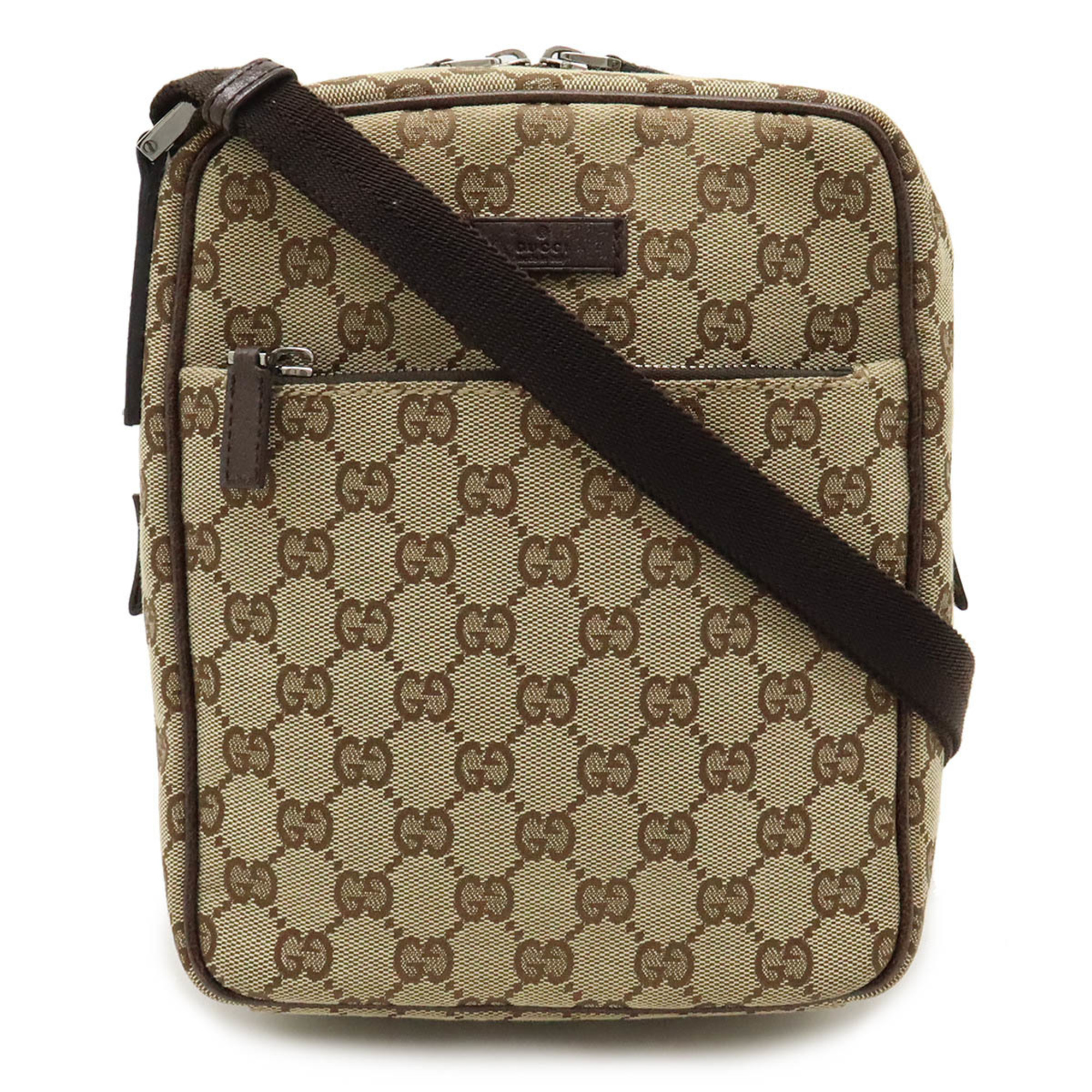 GUCCI GG canvas shoulder bag, pochette, leather, beige, dark brown, brown 03136