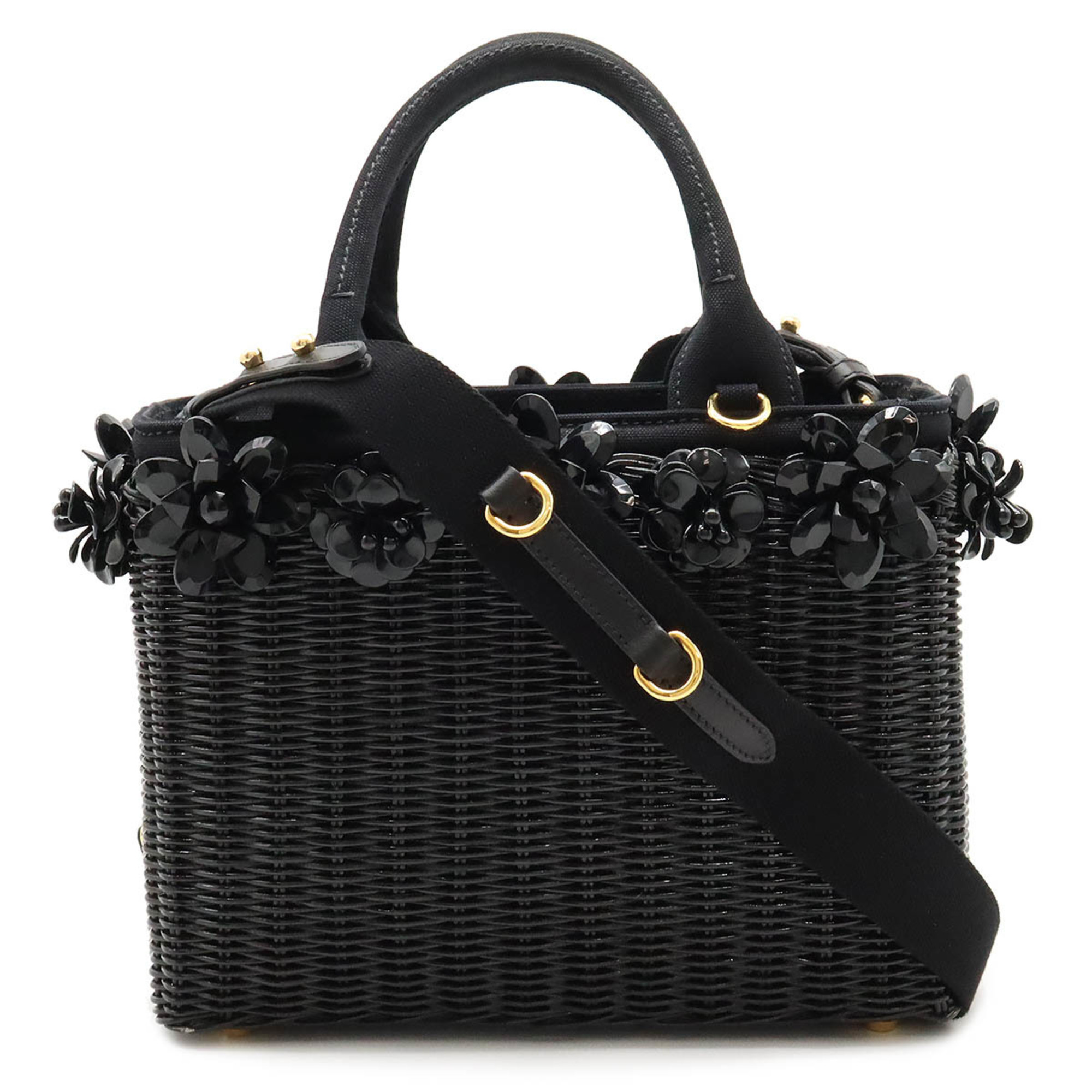 PRADA Prada Wicker Flower Motif Basket Bag Tote Shoulder Canvas NERO Black 1BG835