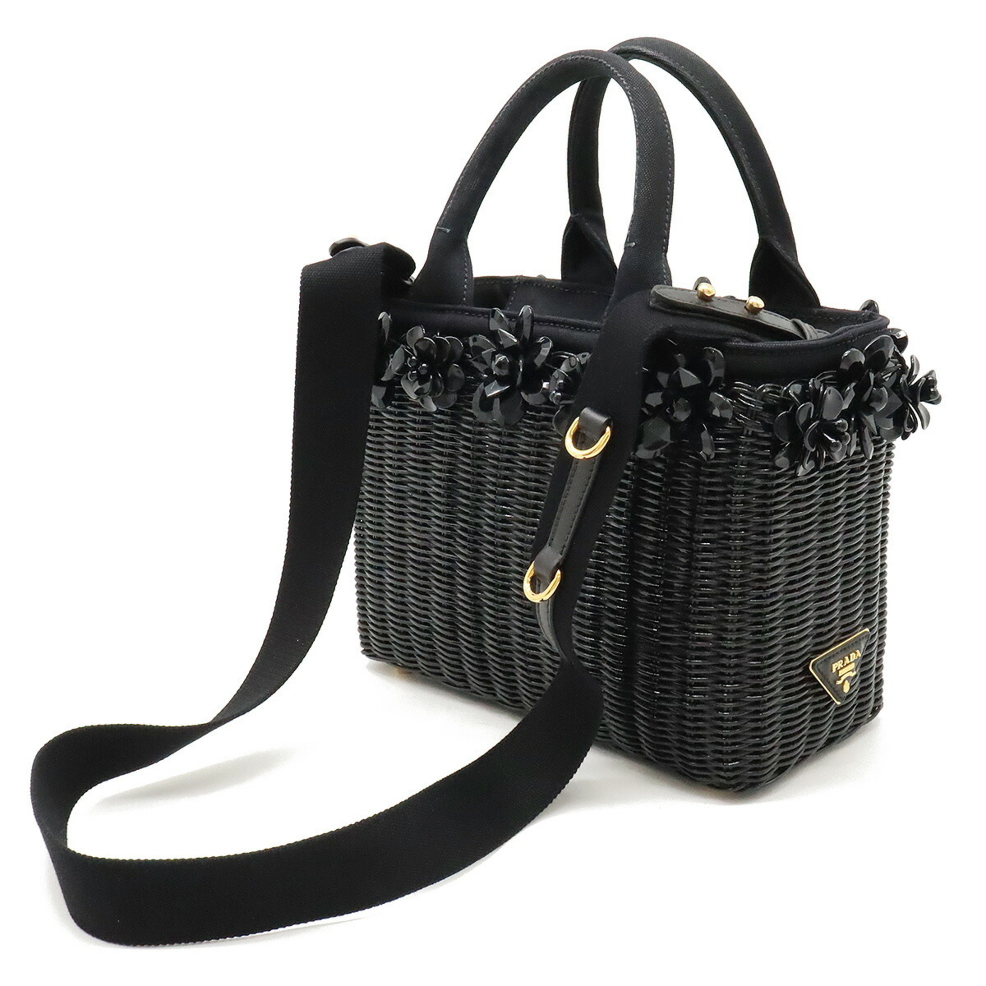 PRADA Prada Wicker Flower Motif Basket Bag Tote Shoulder Canvas NERO Black 1BG835