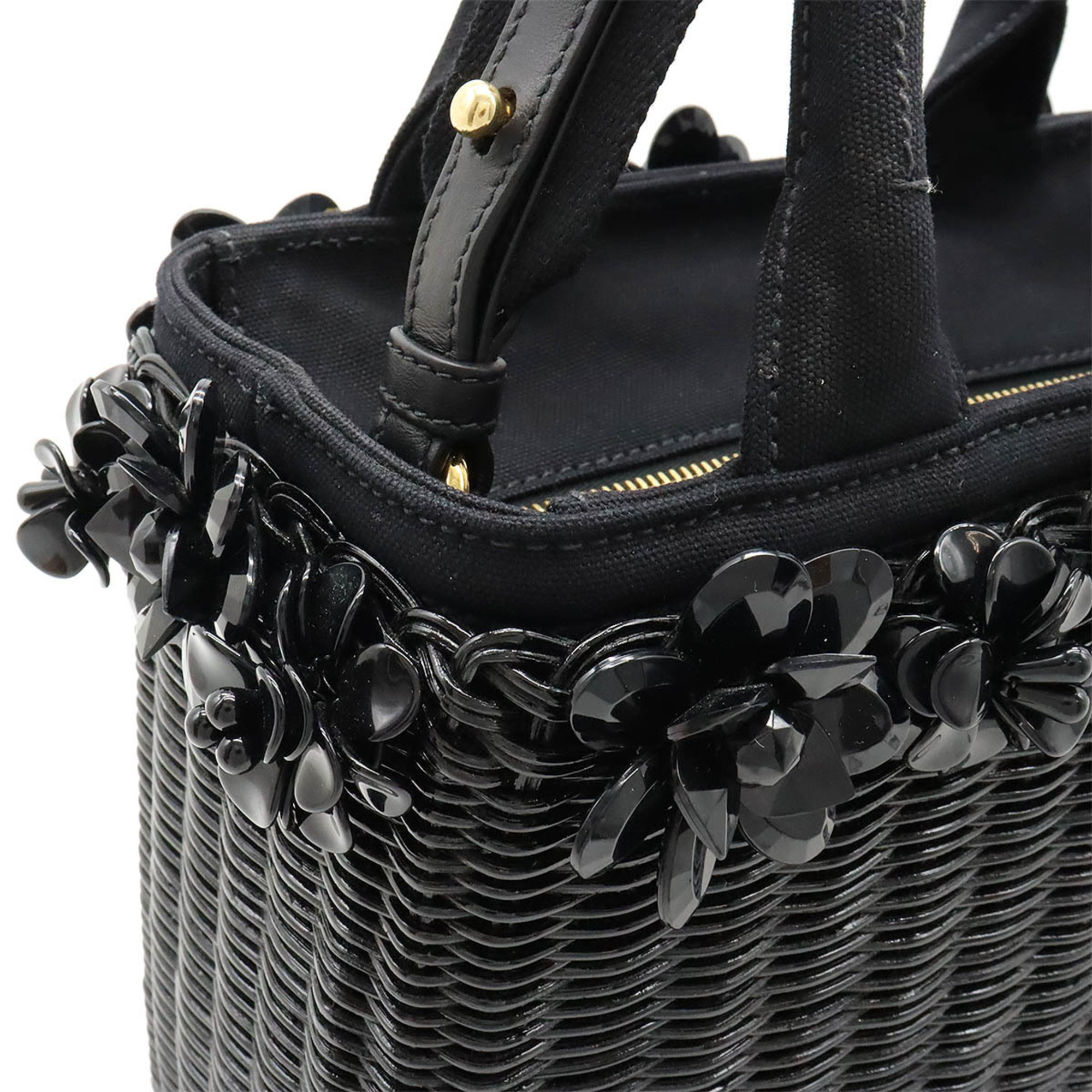 PRADA Prada Wicker Flower Motif Basket Bag Tote Shoulder Canvas NERO Black 1BG835