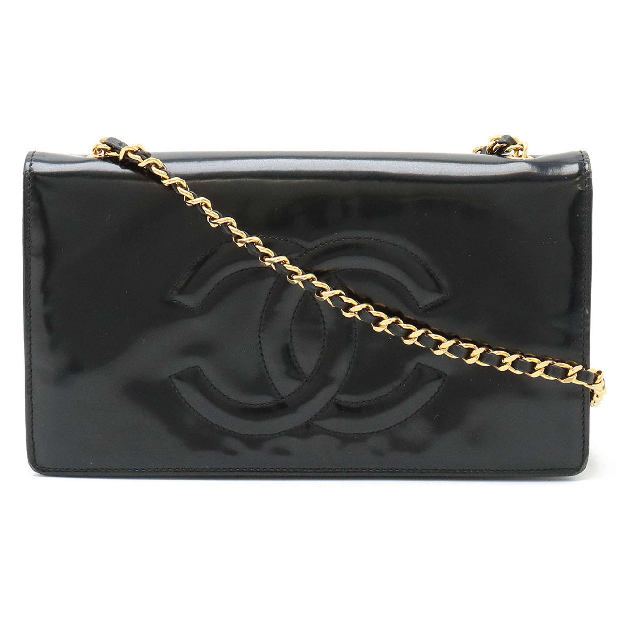 CHANEL Coco Mark Chain Wallet Shoulder Bag Pochette Patent Leather Black