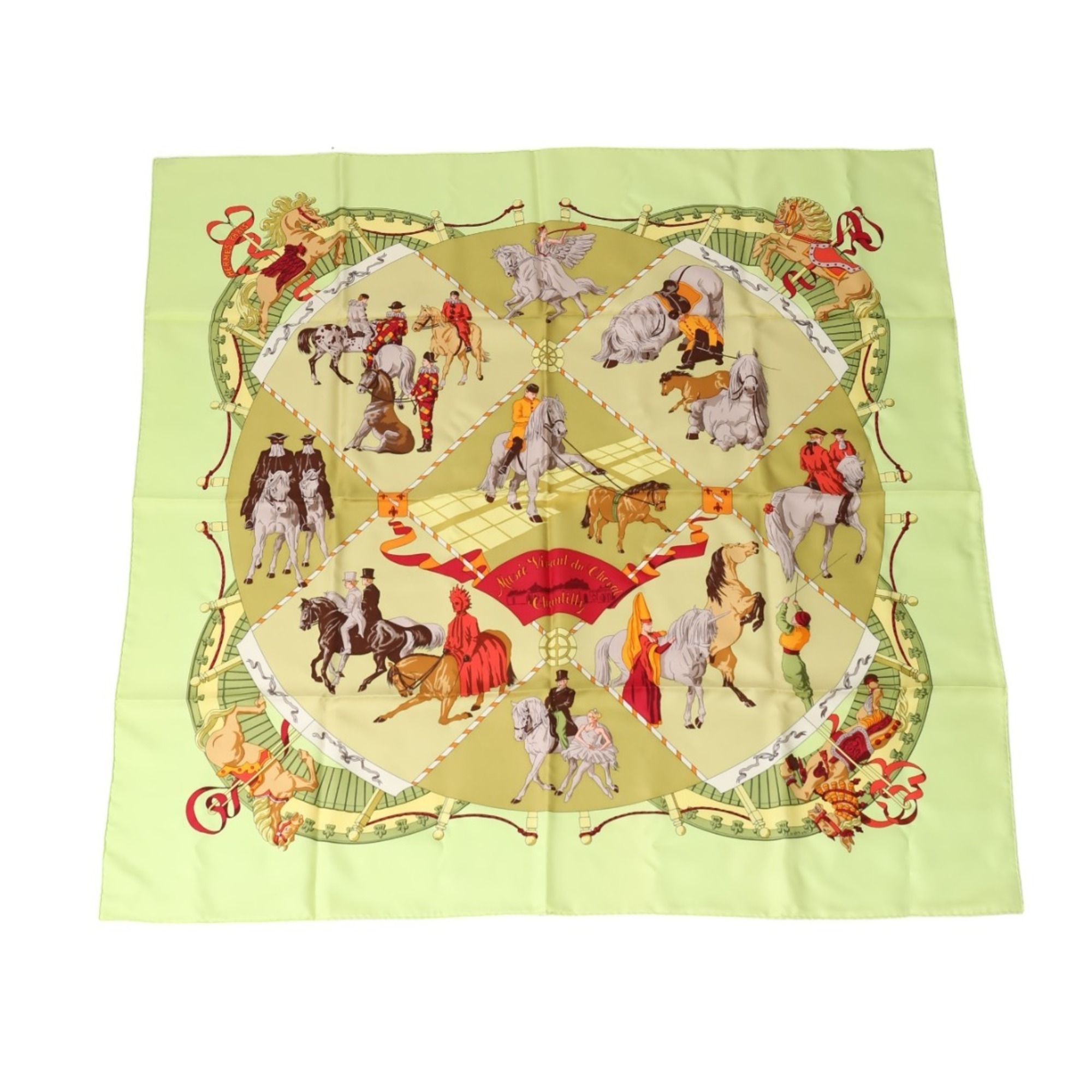 Hermes Scarf/Shawl Chantilly Castle Horse Museum Carré 90 Silk Yellow Green