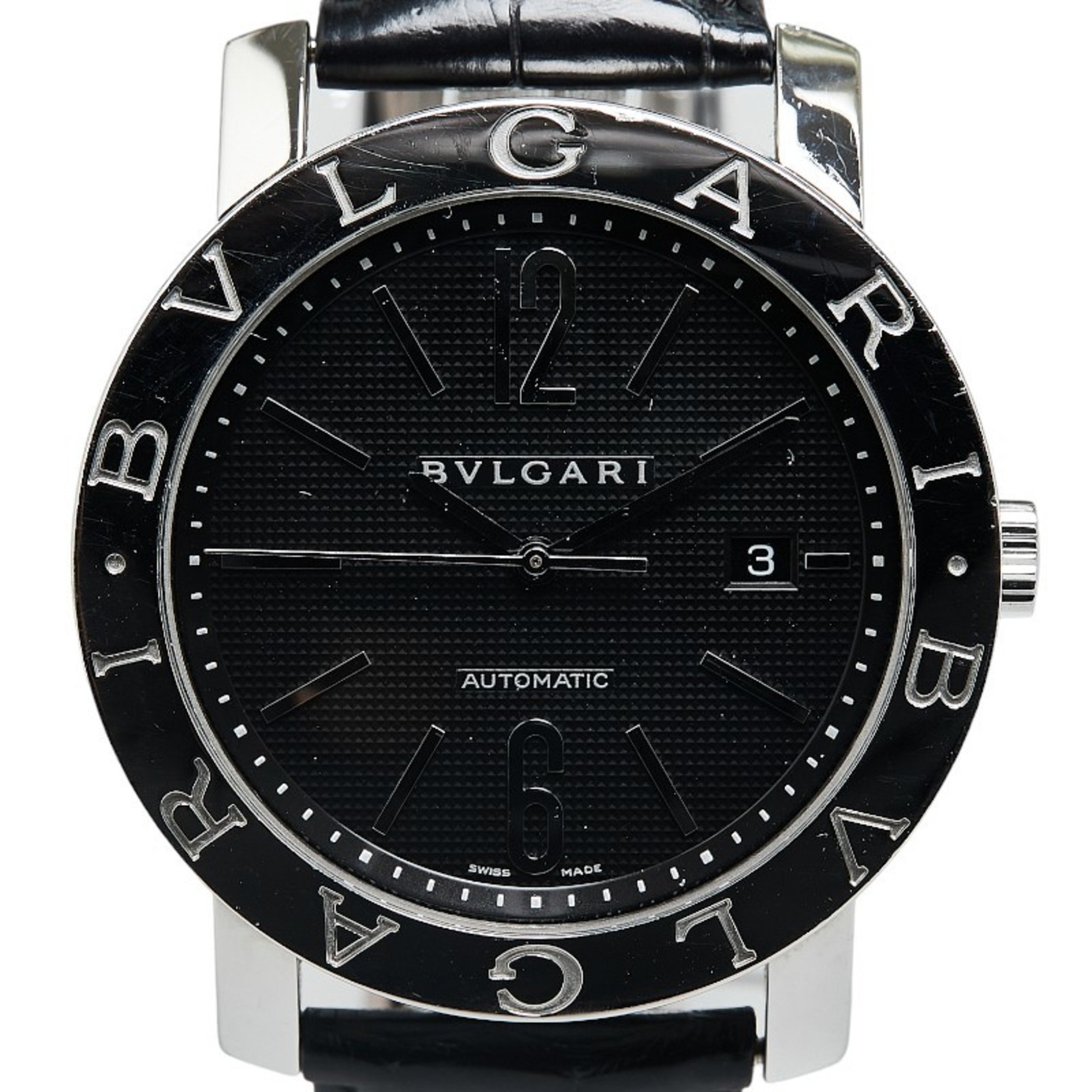 BVLGARI Watch BB42SL Automatic Black Dial Stainless Steel Leather Men's