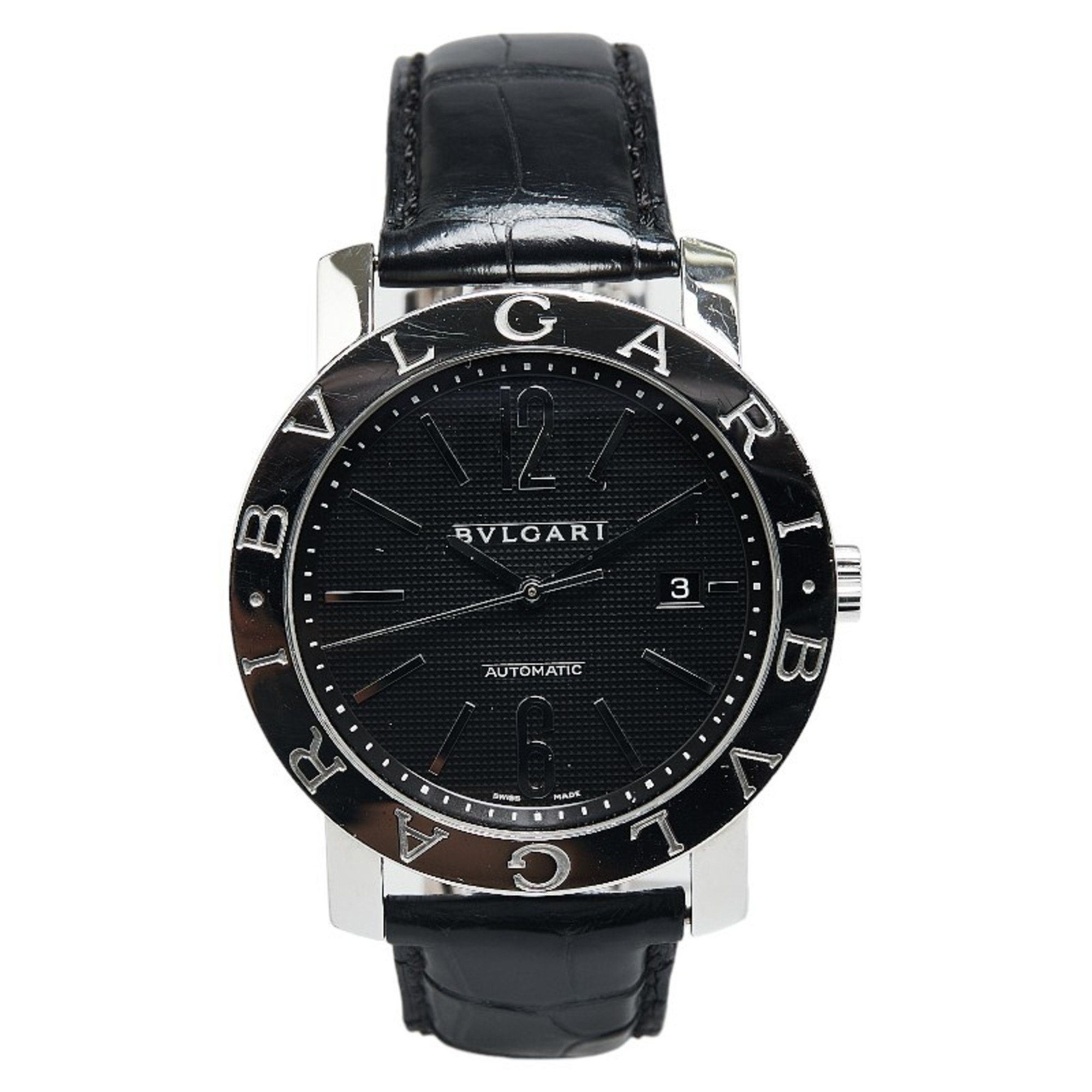 BVLGARI Watch BB42SL Automatic Black Dial Stainless Steel Leather Men's