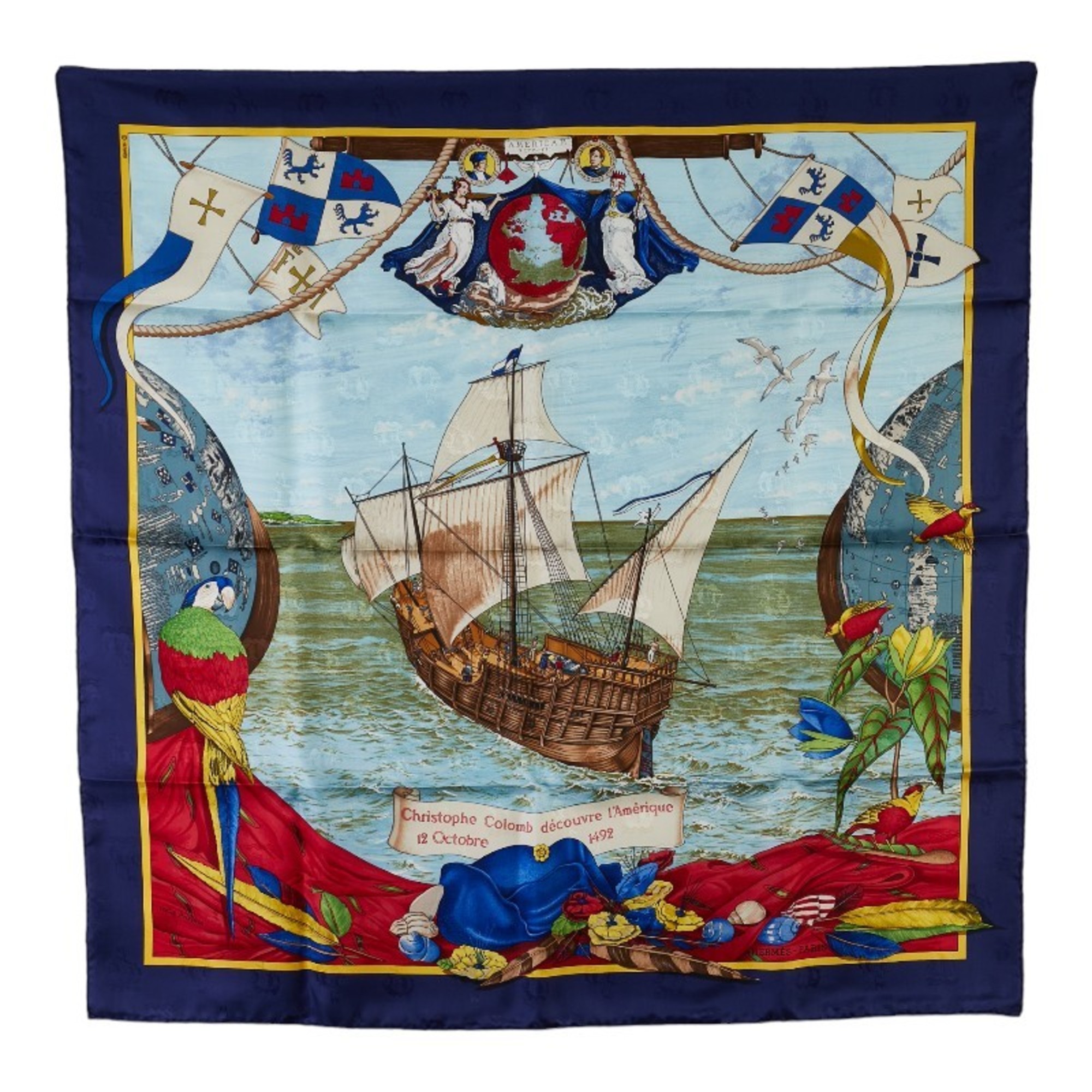 Hermes Carré 90 Christophe Colomb decouvre 1 Amerique 12 Octobre 1492 Christopher Columbus ship scarf muffler navy multicolor silk women's HERMES