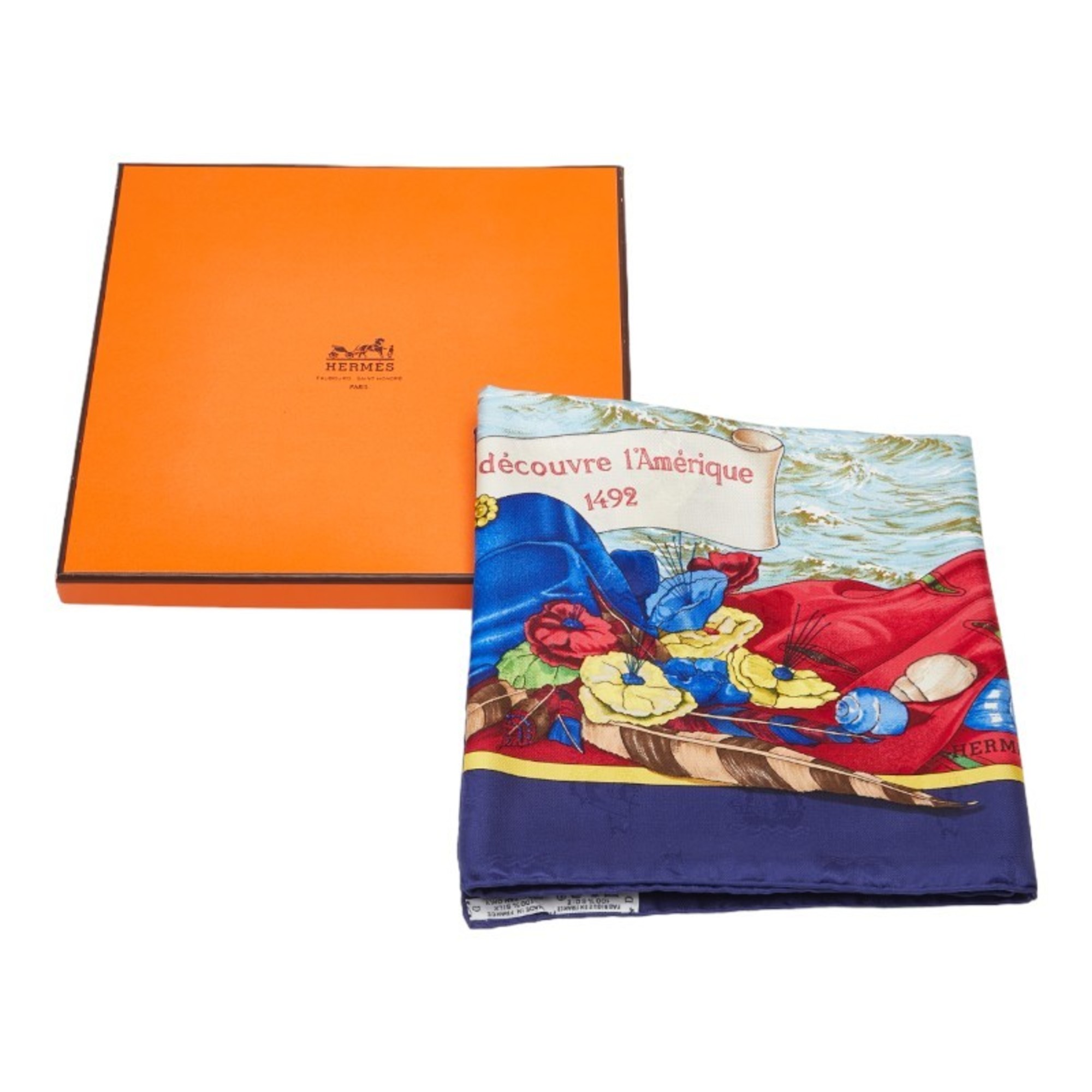 Hermes Carré 90 Christophe Colomb decouvre 1 Amerique 12 Octobre 1492 Christopher Columbus ship scarf muffler navy multicolor silk women's HERMES