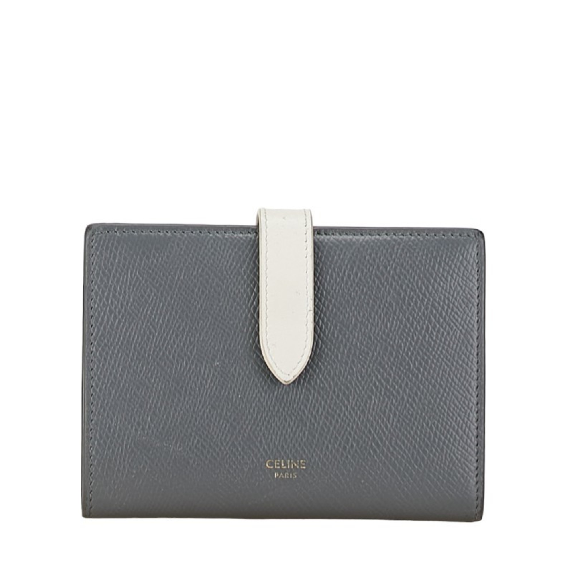 CELINE Medium Strap Wallet Bi-fold Compact Grey White Leather Women's