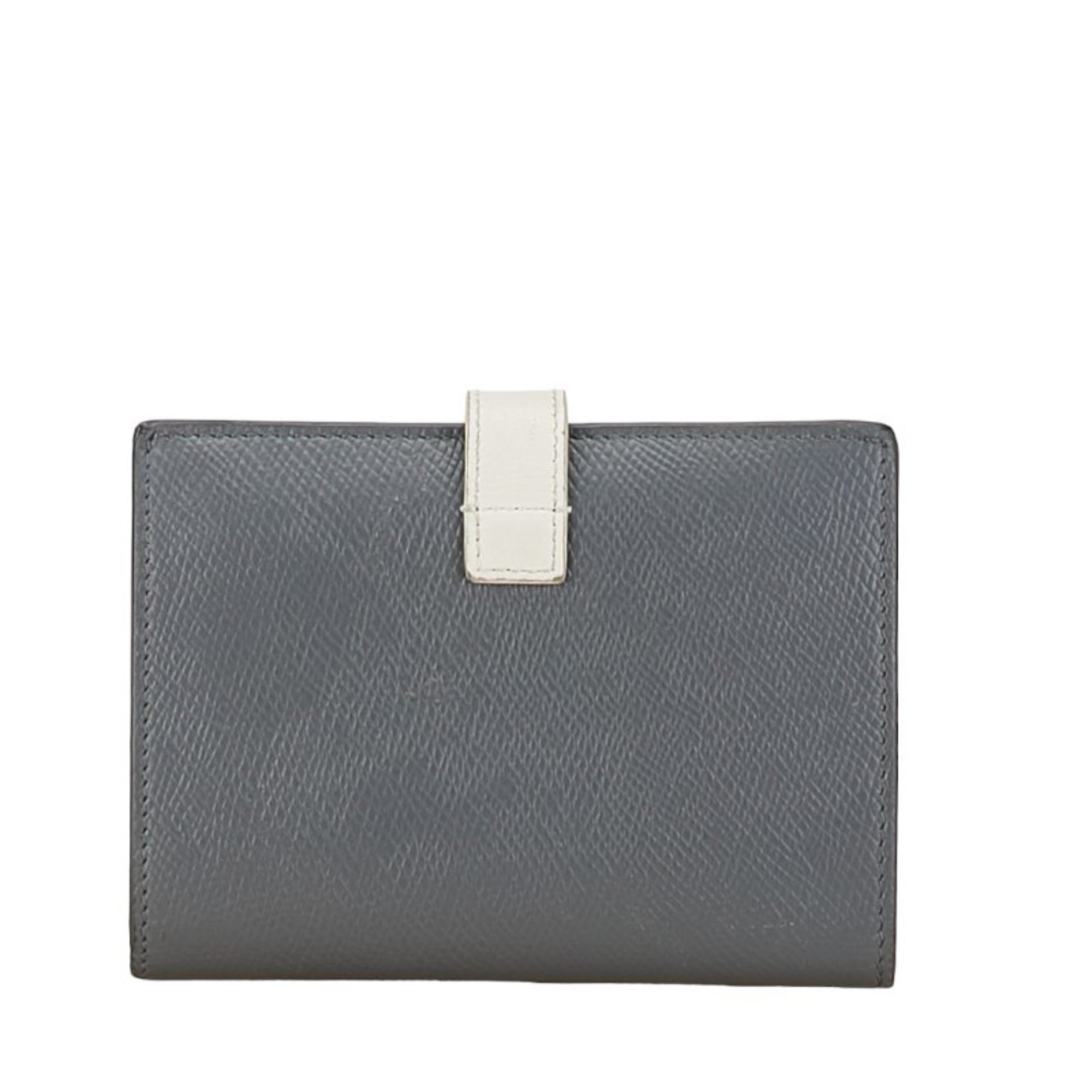 CELINE Medium Strap Wallet Bi-fold Compact Grey White Leather Women's