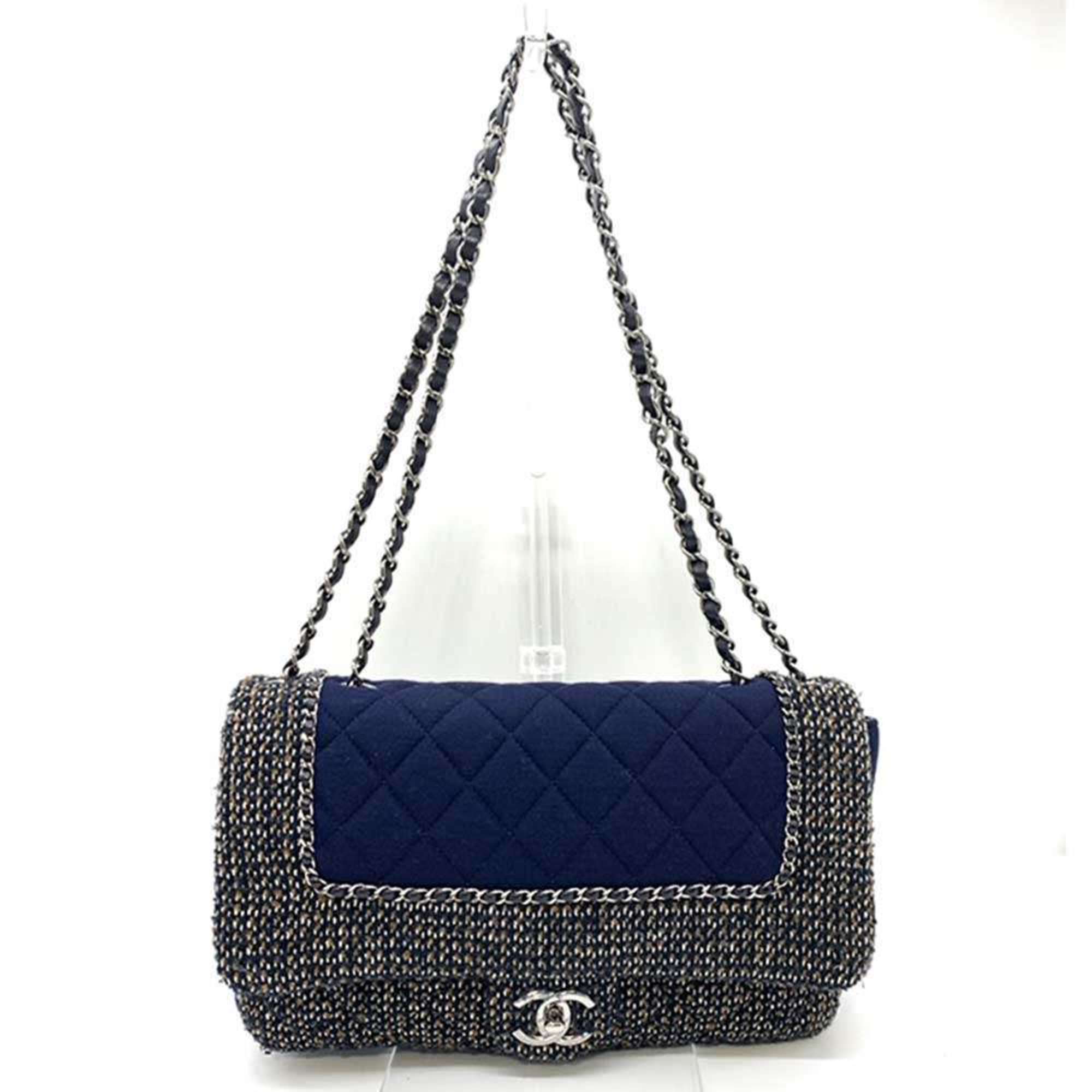 Chanel Bag Matelasse Chain Shoulder Navy Multicolor W Horizontal Women's Cotton Jersey x Tweed CHANEL