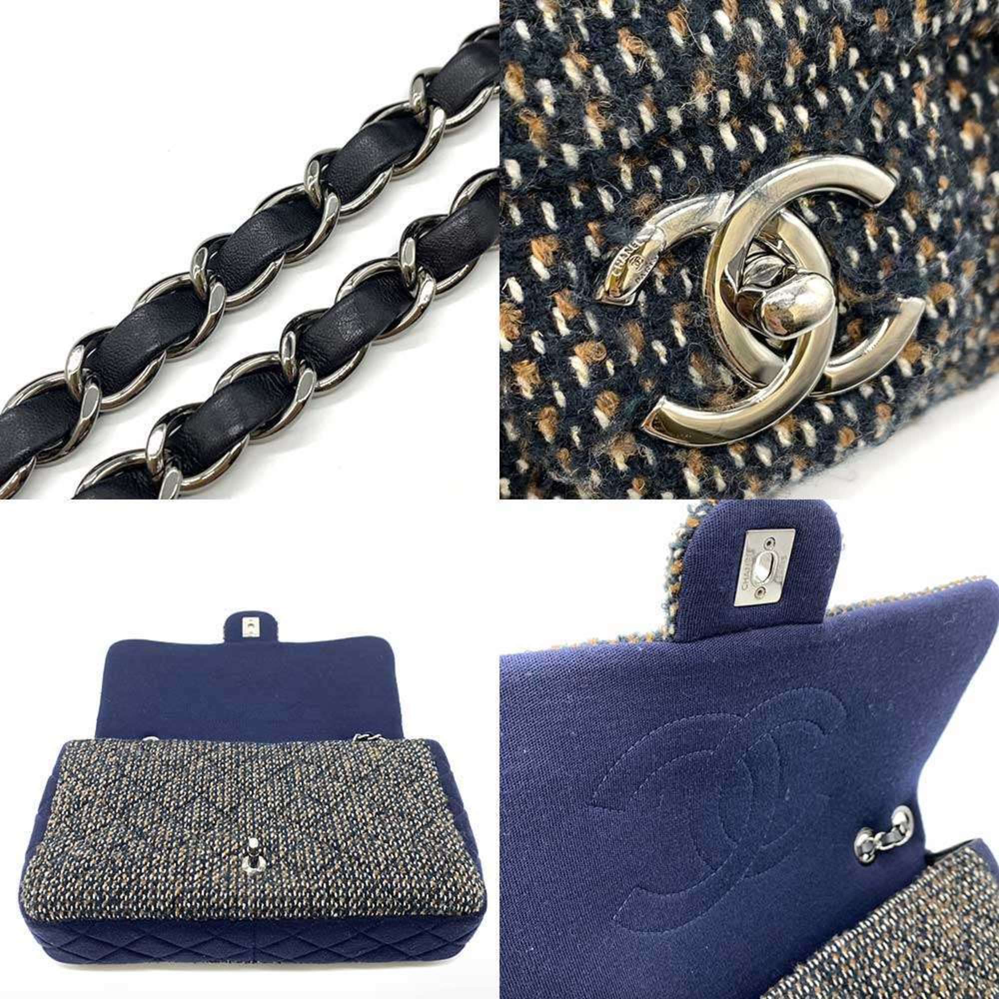 Chanel Bag Matelasse Chain Shoulder Navy Multicolor W Horizontal Women's Cotton Jersey x Tweed CHANEL