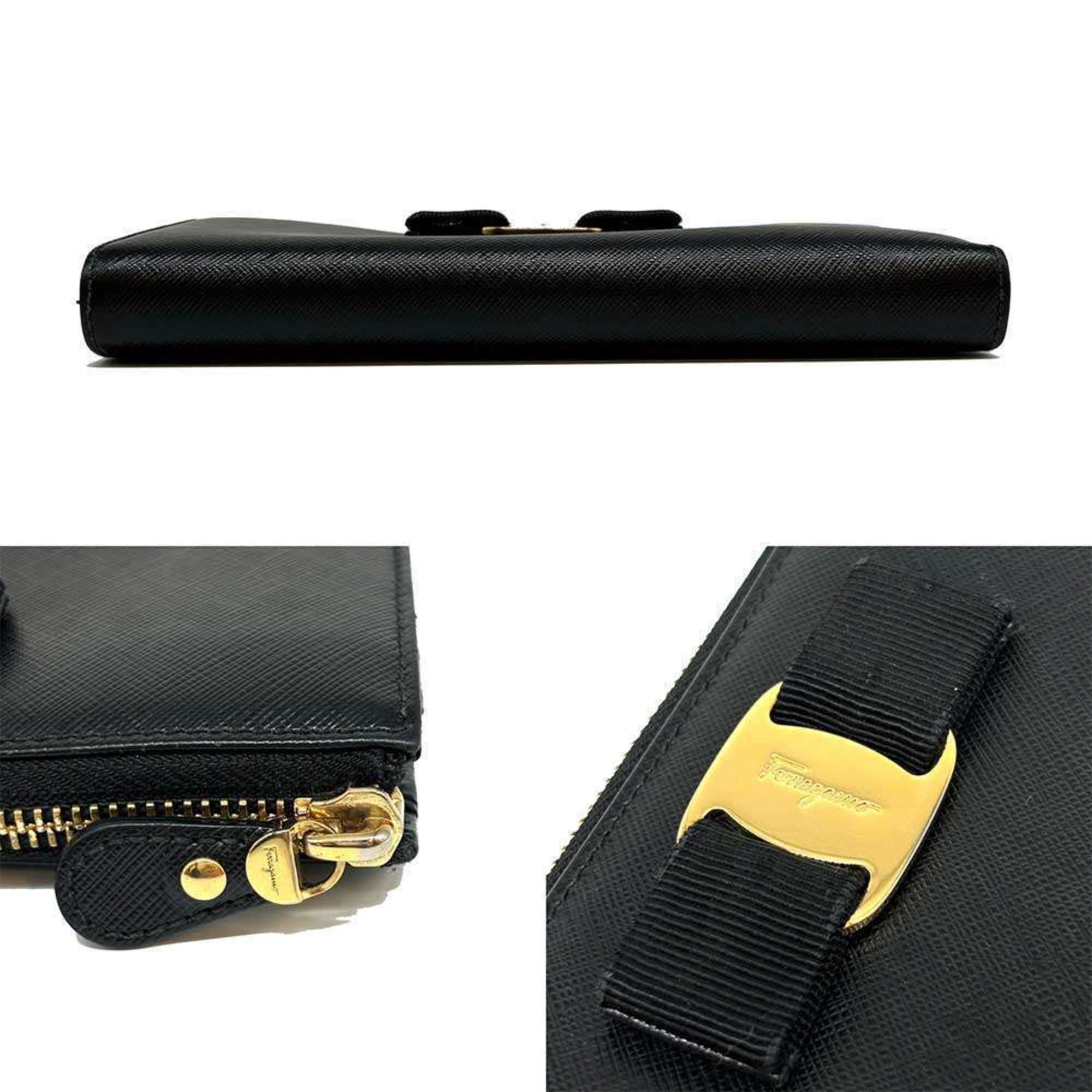 Salvatore Ferragamo Ferragamo Vara Ribbon L-shaped leather black long wallet