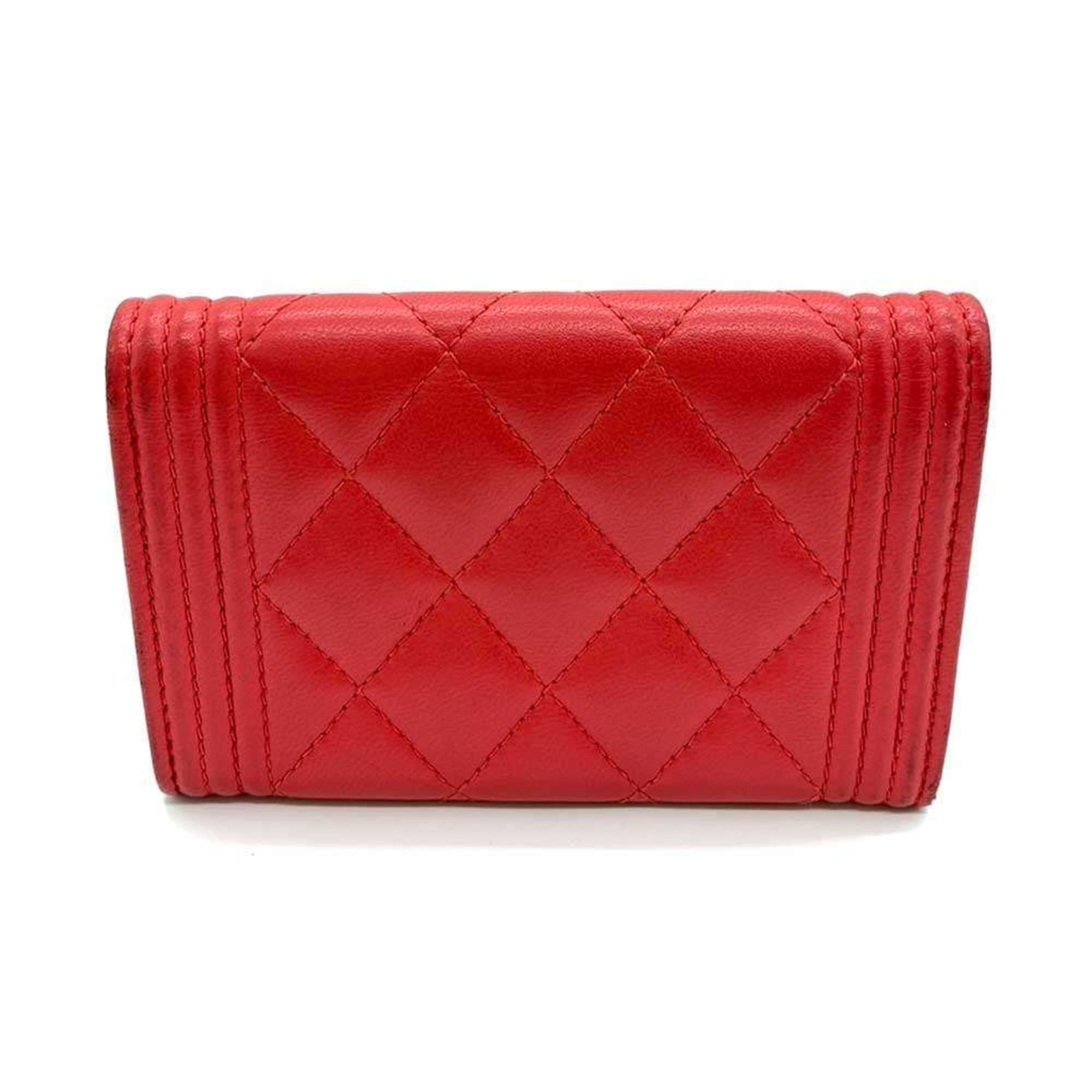 Chanel Accessories Boy Business Card Holder/Card Case Red Matelasse Coco Mark Ladies Lambskin Leather CHANEL