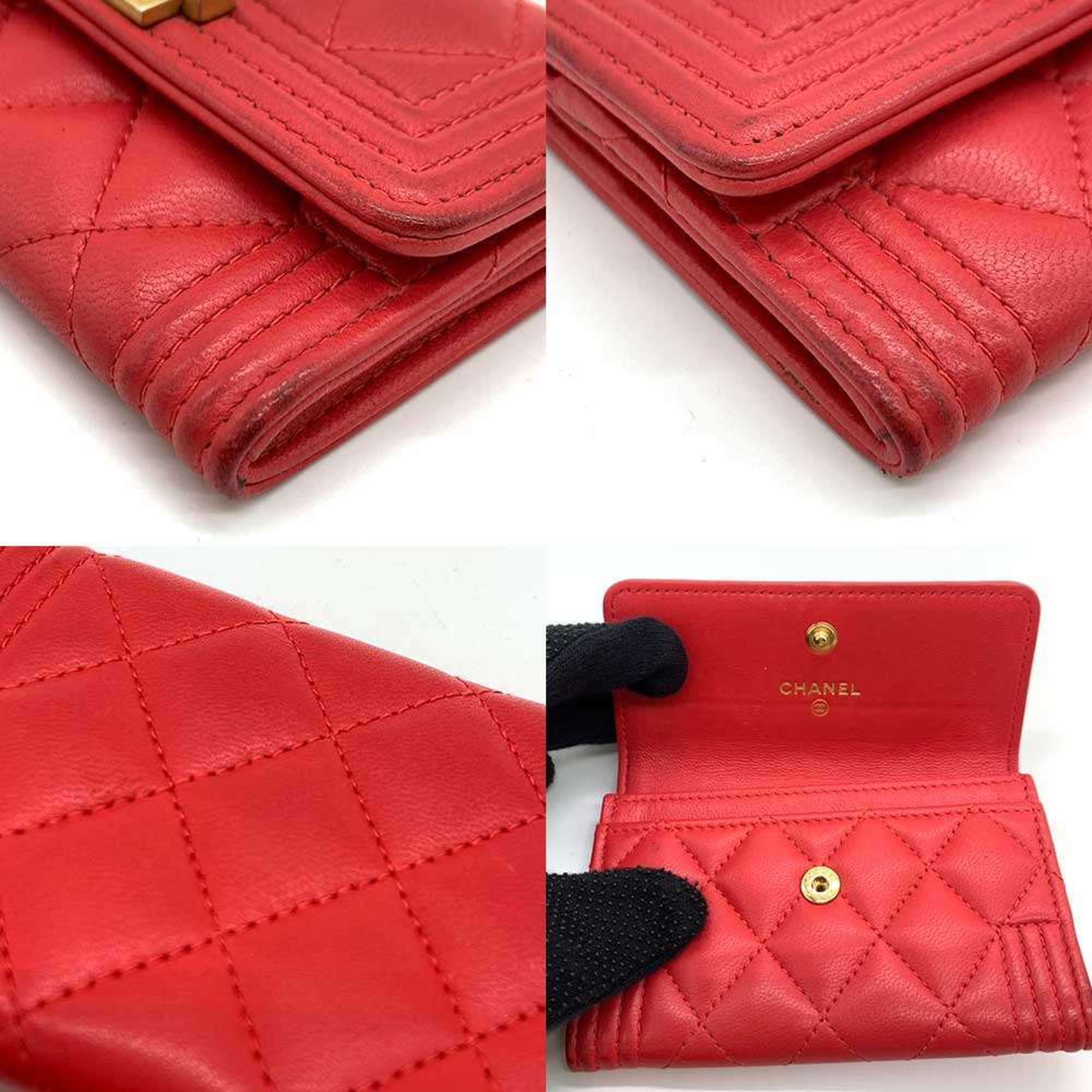 Chanel Accessories Boy Business Card Holder/Card Case Red Matelasse Coco Mark Ladies Lambskin Leather CHANEL